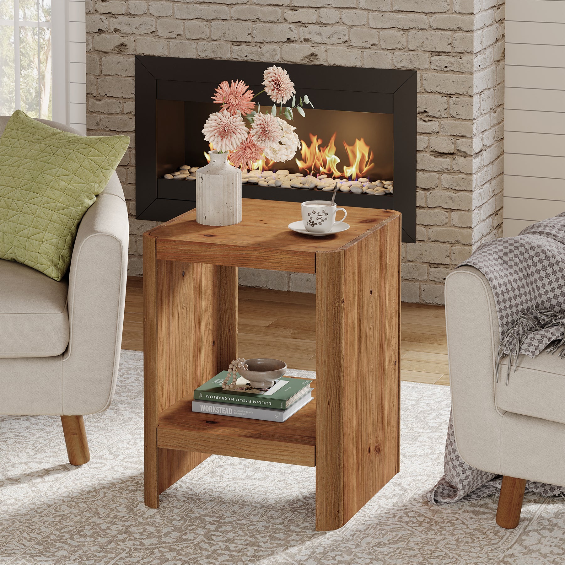 Solid Wood End Table, 2-Tier Side Table with Rounded Edges for Living Room