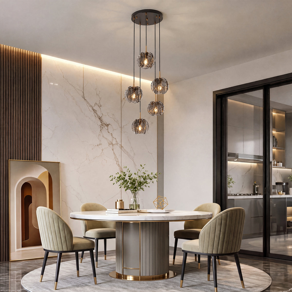 5-Light Modern Pendant Light with Textured Smoky Gray Glass Shades