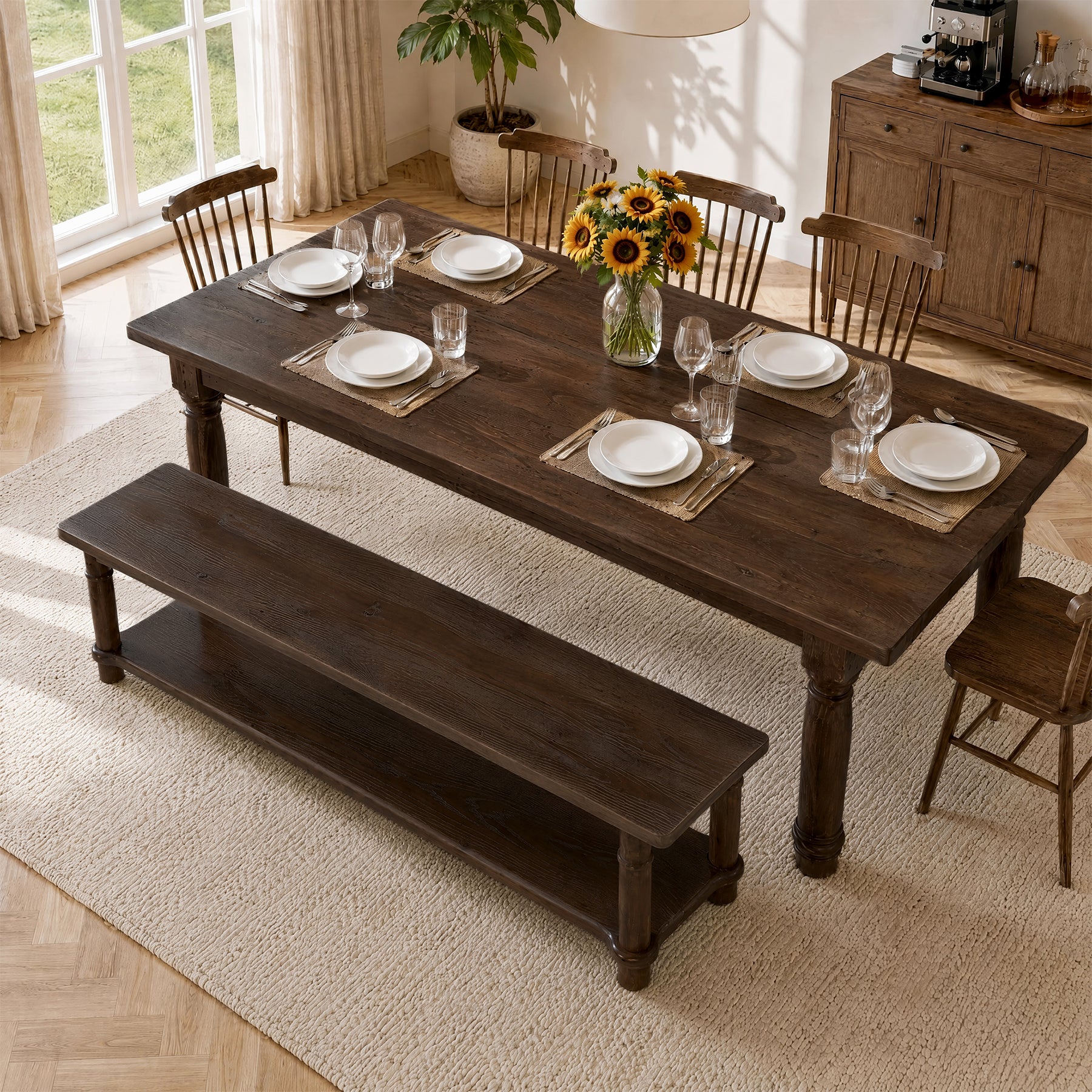55" Farmhouse Dining Bench, Solid Wood 2-Tier, Kitchen Bench, Dining Room