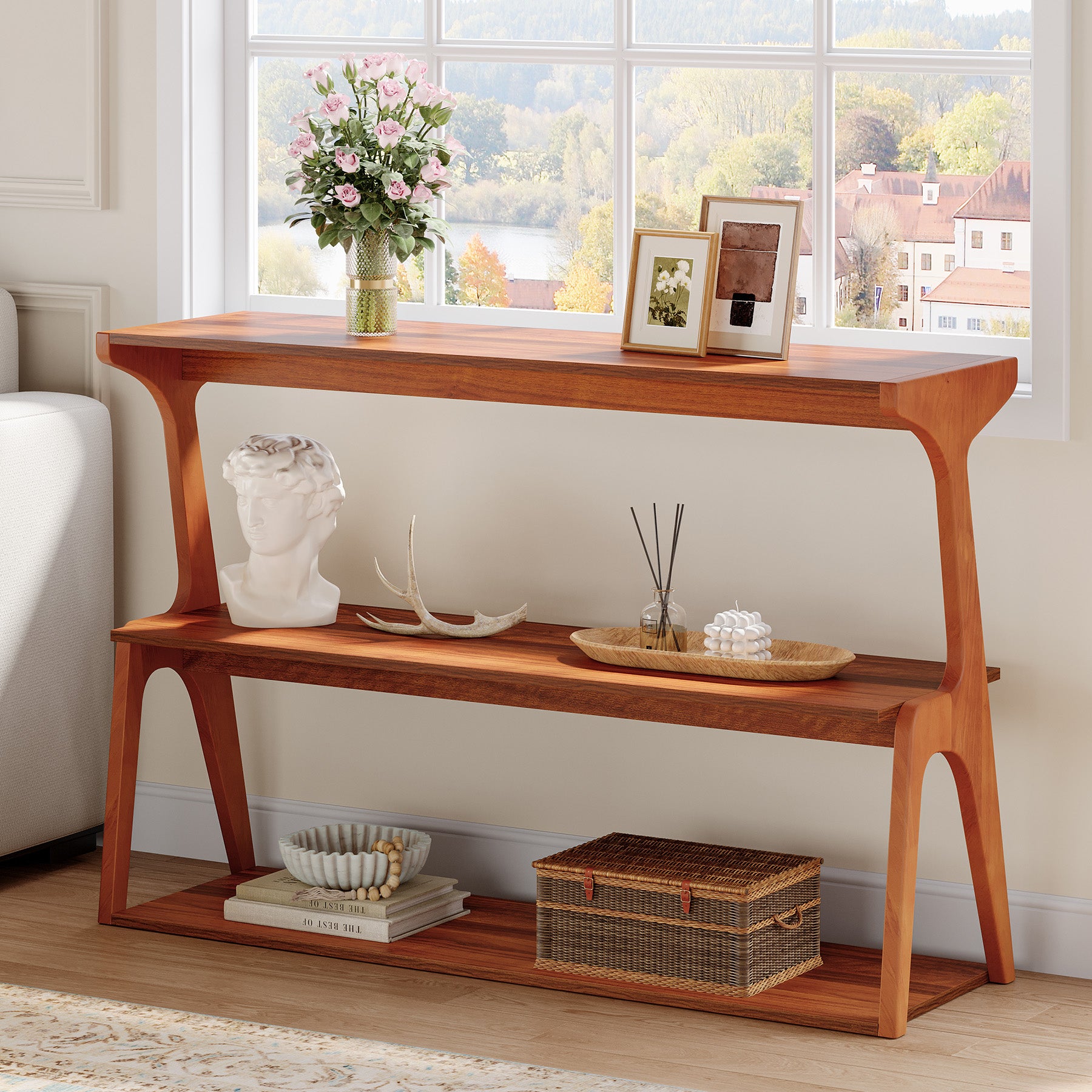 3-Tier Console Table, 47" Narrow Entryway Sofa Table with Solid Wood Legs