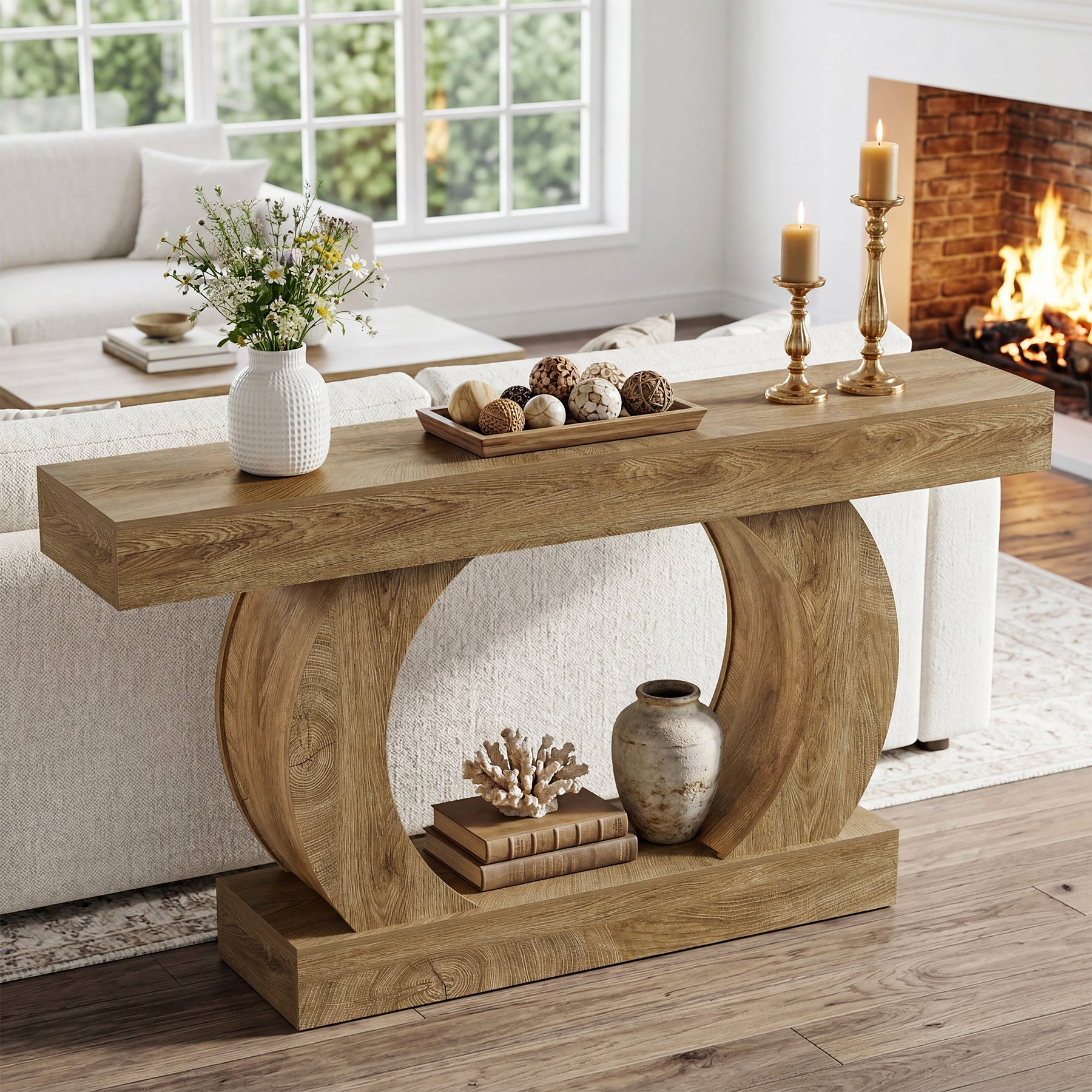 Farmhouse Console Table, 59" Entryway Table with Unique Circular Base for Hallway