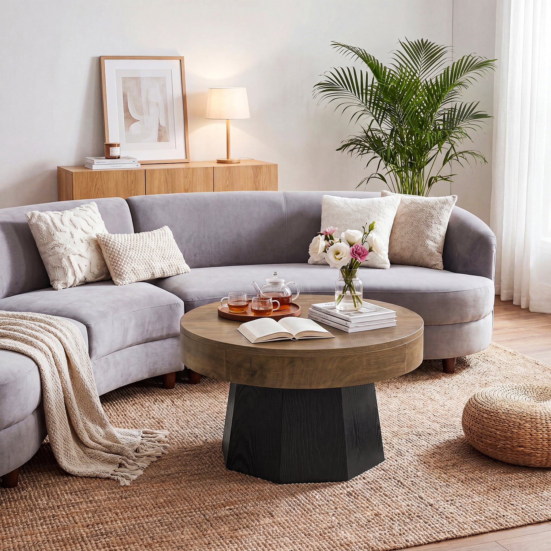 31.5" Round Coffee Table, octagonal base Tea Table for Living Room