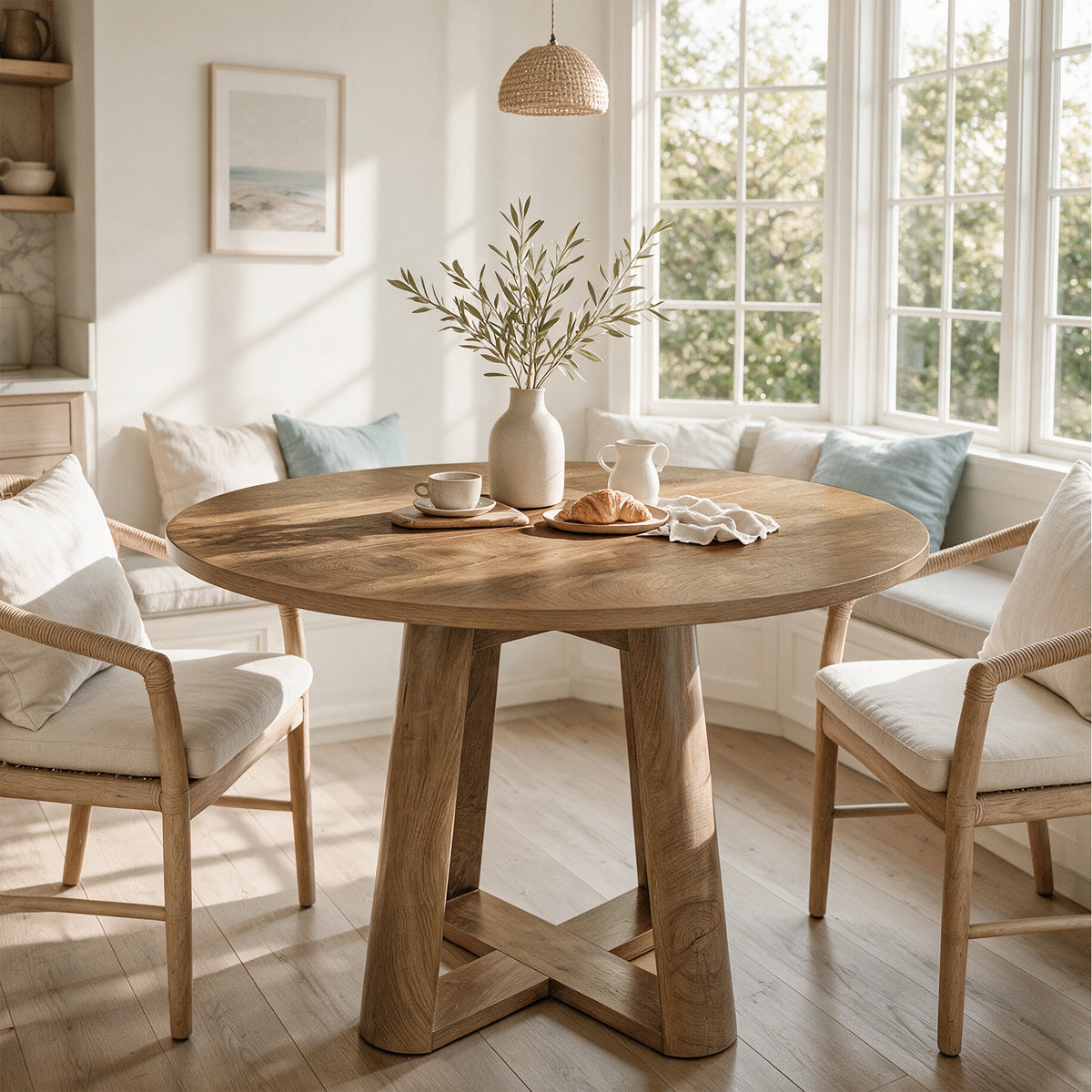 47" Round Dining Table for 4-6 People, Farmhouse Kitchen Table with Cross Pedestal Base