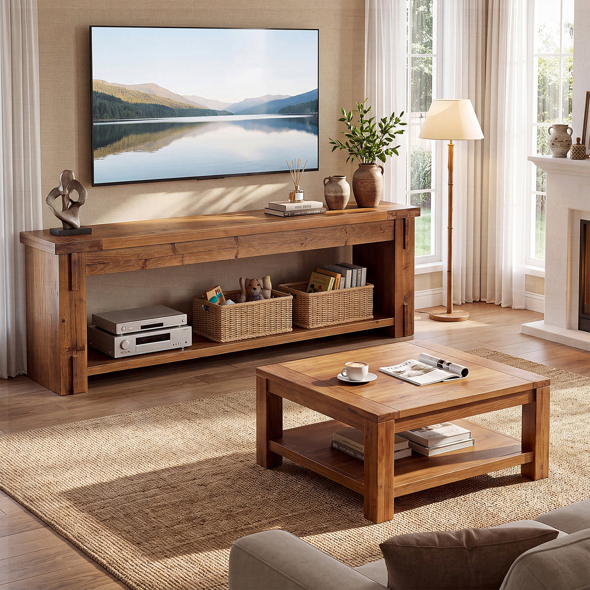 71" Farmhouse Solid Wood TV Stand for TVs Up to 75", 2-Tier Open Storage