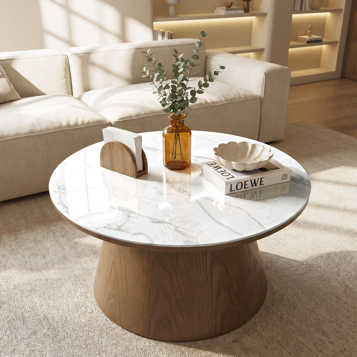 32" Round Coffee Table with Sintered Stone Top, Sculptural Solid Wood Pedestal Base