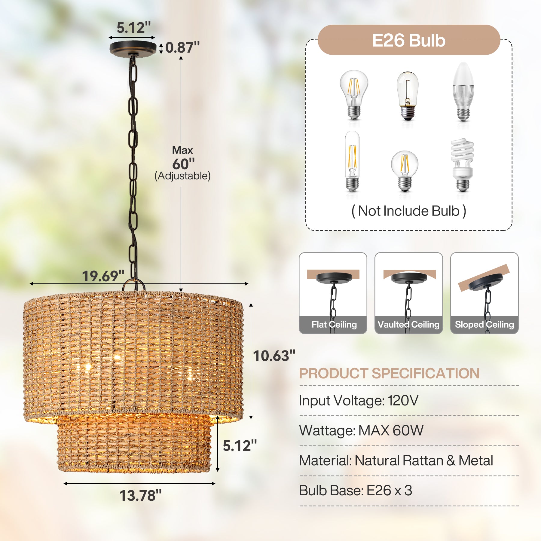 3-Light Light Fixture, Hand-Woven Rattan Pendant Light With Adjustable Height