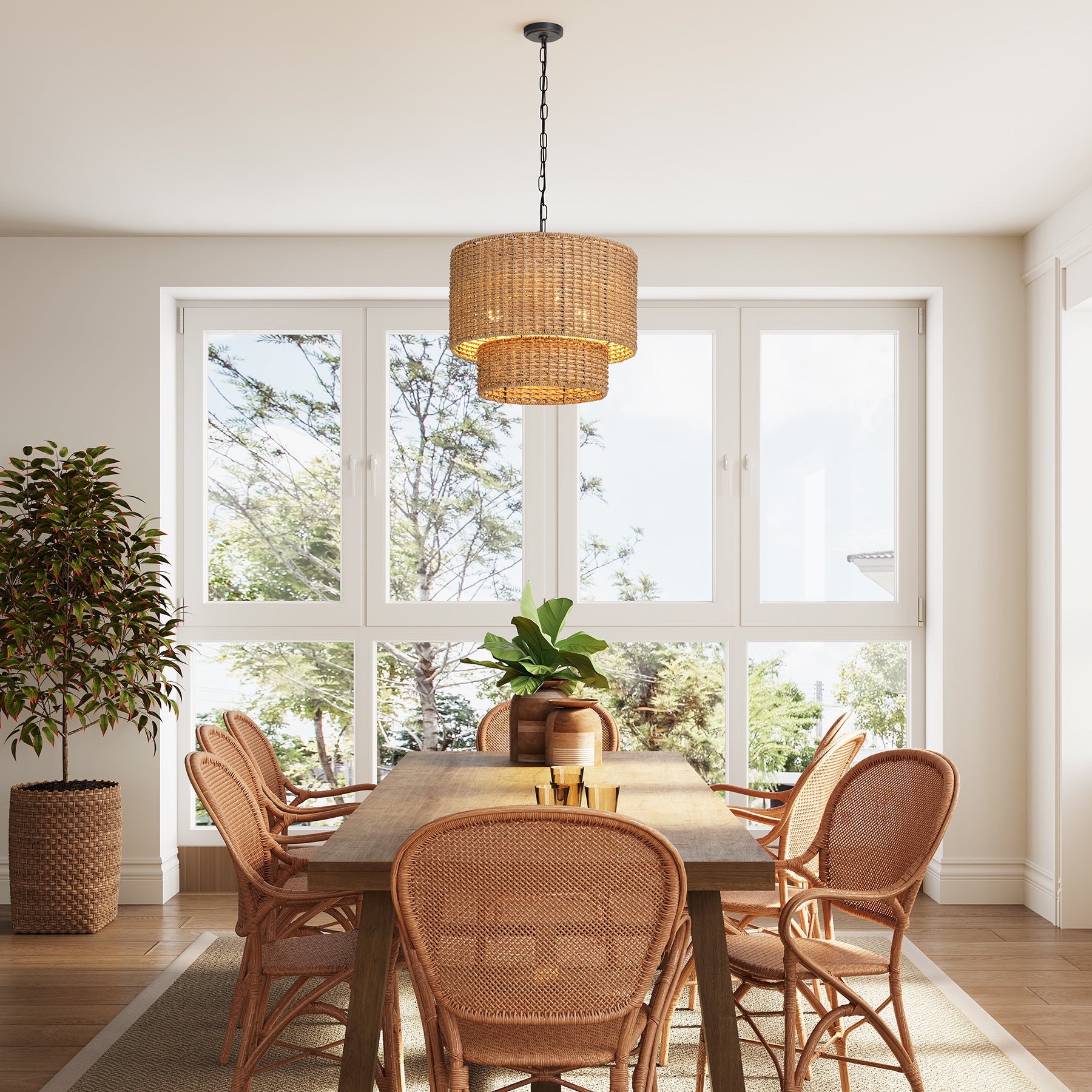 3-Light Light Fixture, Hand-Woven Rattan Pendant Light With Adjustable Height