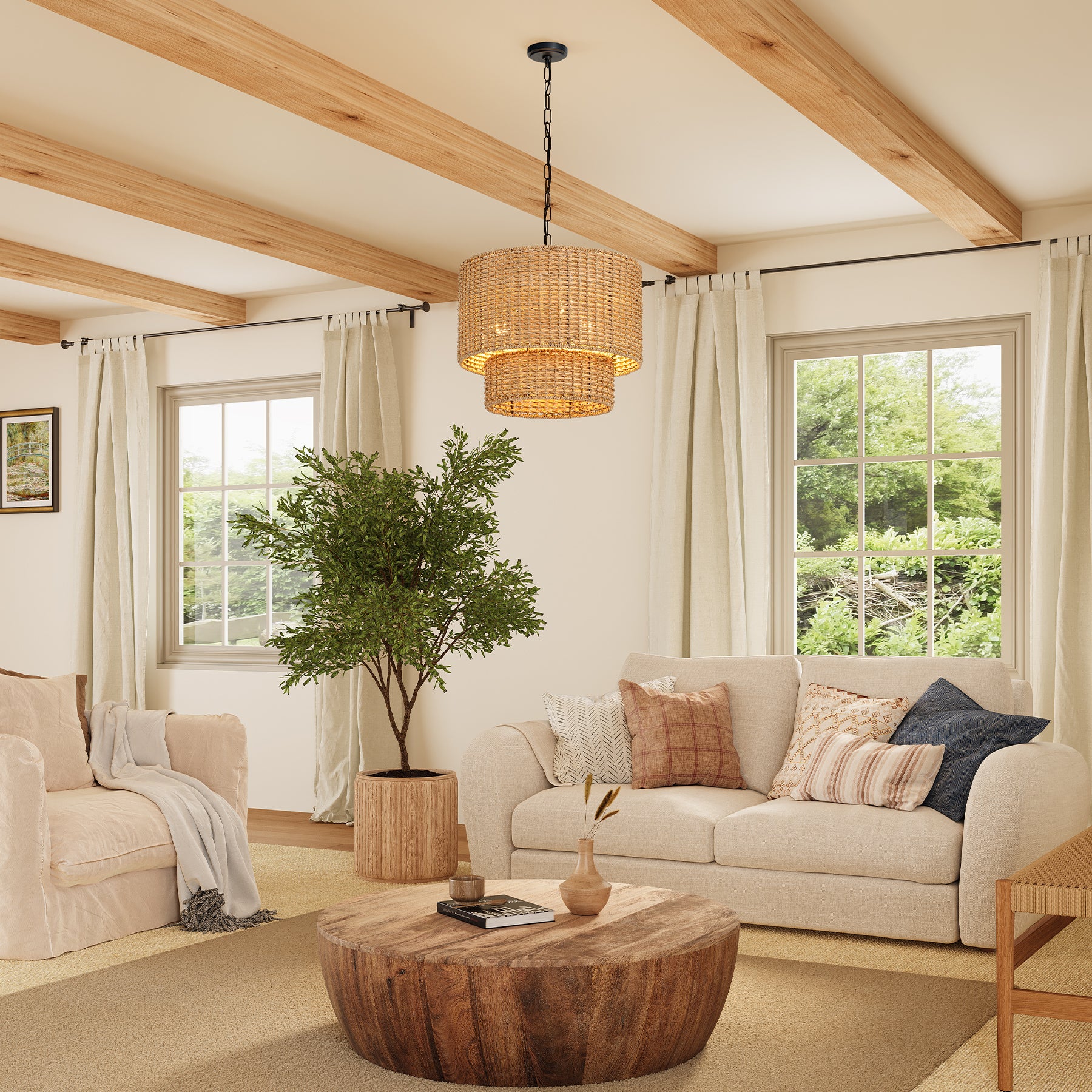 3-Light Light Fixture, Hand-Woven Rattan Pendant Light With Adjustable Height