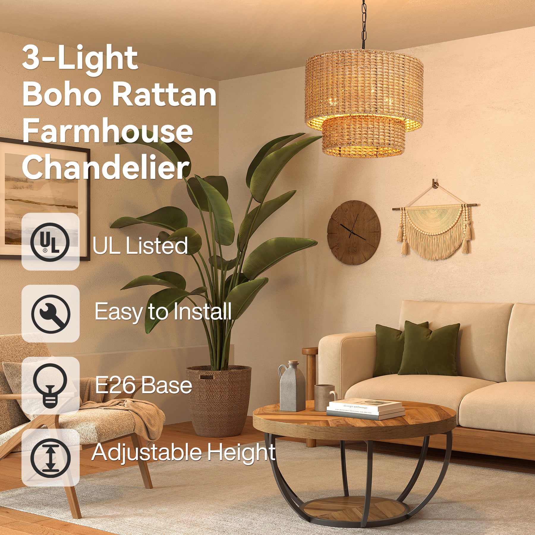 3-Light Light Fixture, Hand-Woven Rattan Pendant Light With Adjustable Height