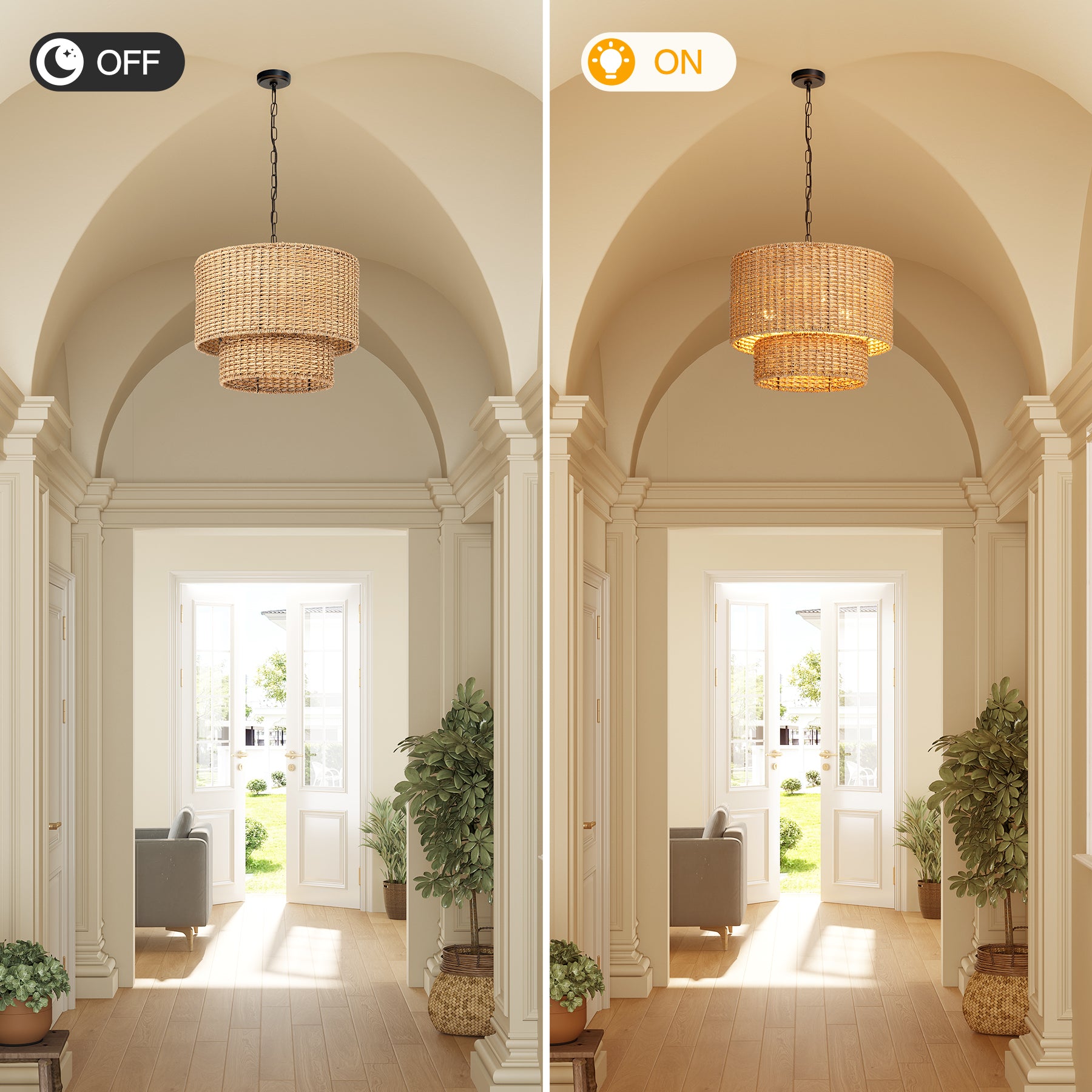 3-Light Light Fixture, Hand-Woven Rattan Pendant Light With Adjustable Height