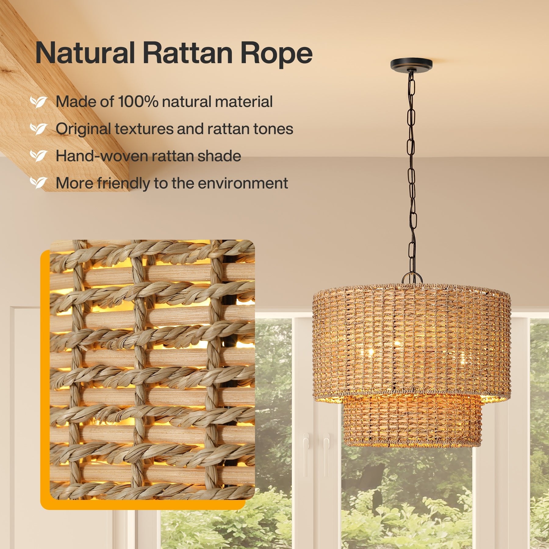 3-Light Light Fixture, Hand-Woven Rattan Pendant Light With Adjustable Height