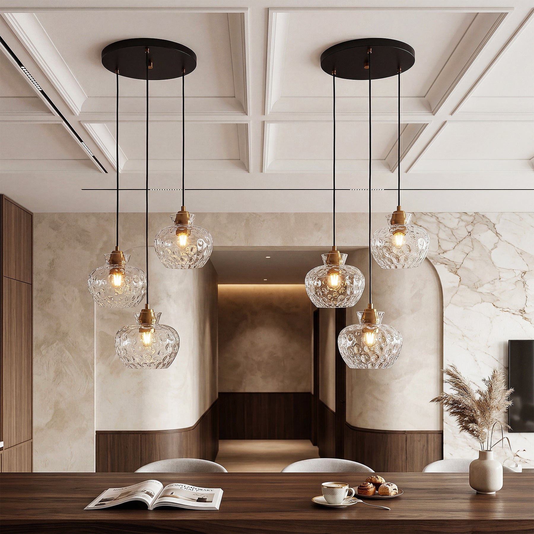 3-Light Pendant Lighting, Kitchen Ceiling Light Fixtures with Water Ripple Glass Shade