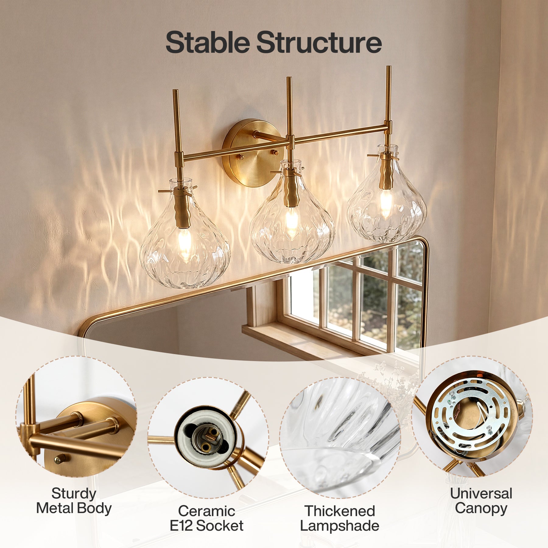 3-Light Vanity Light, Bathroom Light Fixtures with Water Ripple Glass Shades