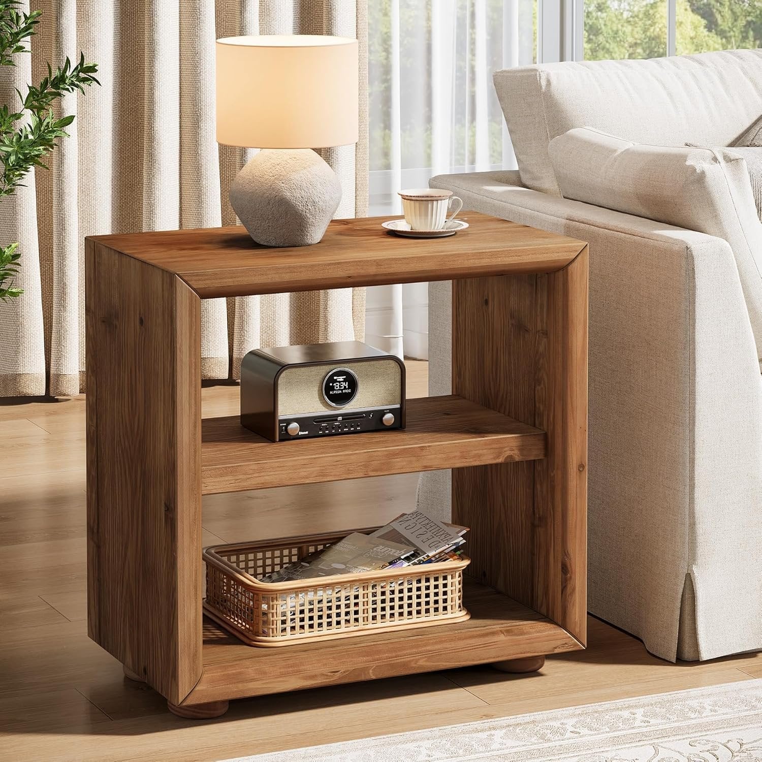 3-Tier End Table, Wood Side Table Nightstand with Storage Shelves