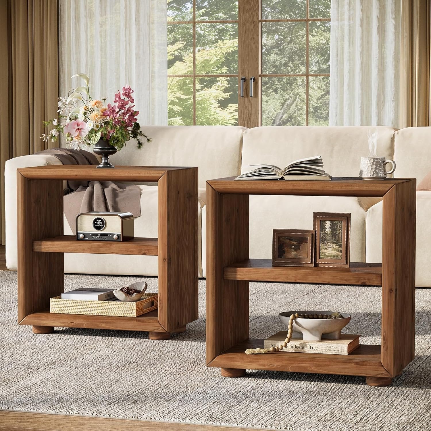 3-Tier End Table, Wood Side Table Nightstand with Storage Shelves