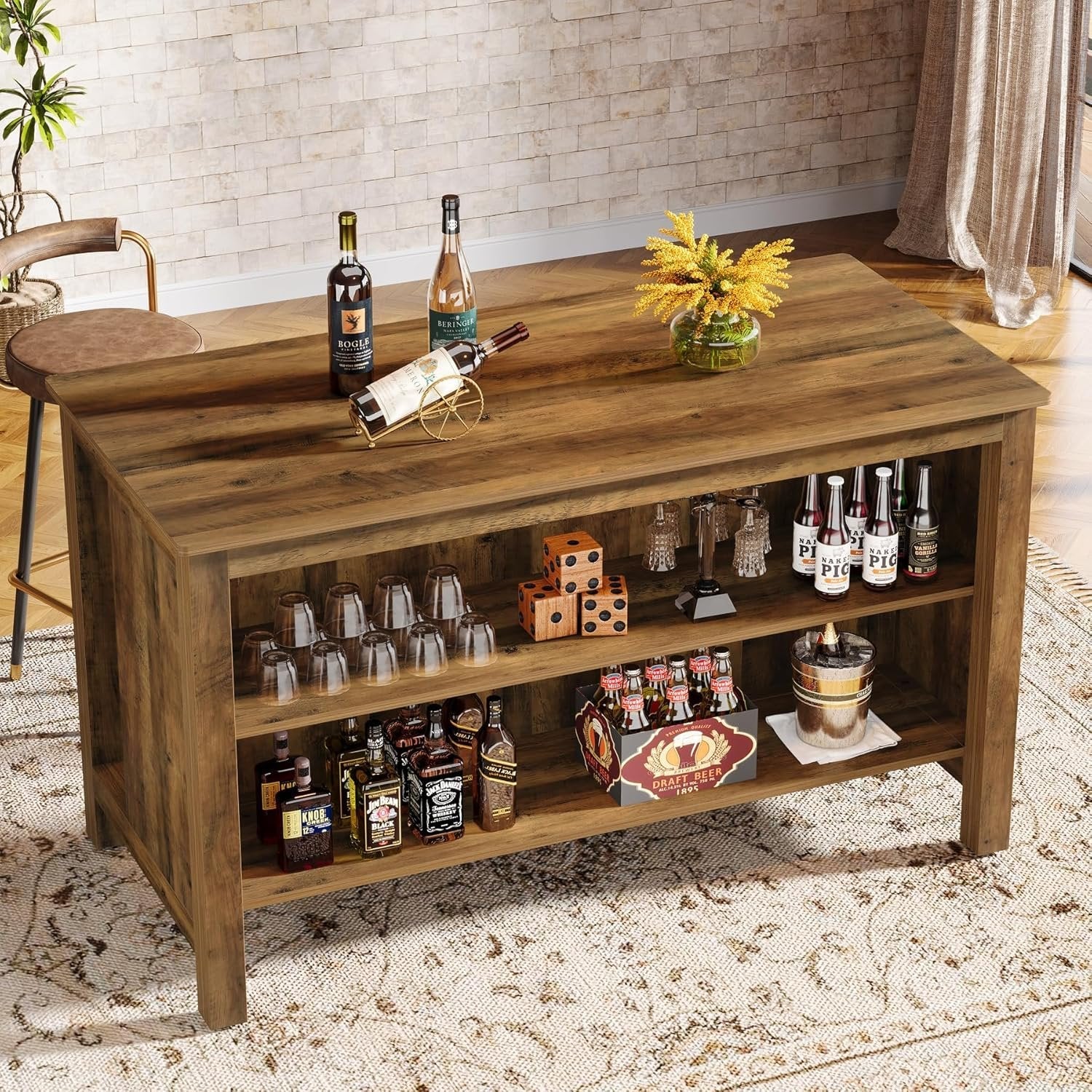 3-Tier Home Bar Table Unit, 59" Counter Height Pub Table with Storage Shelves