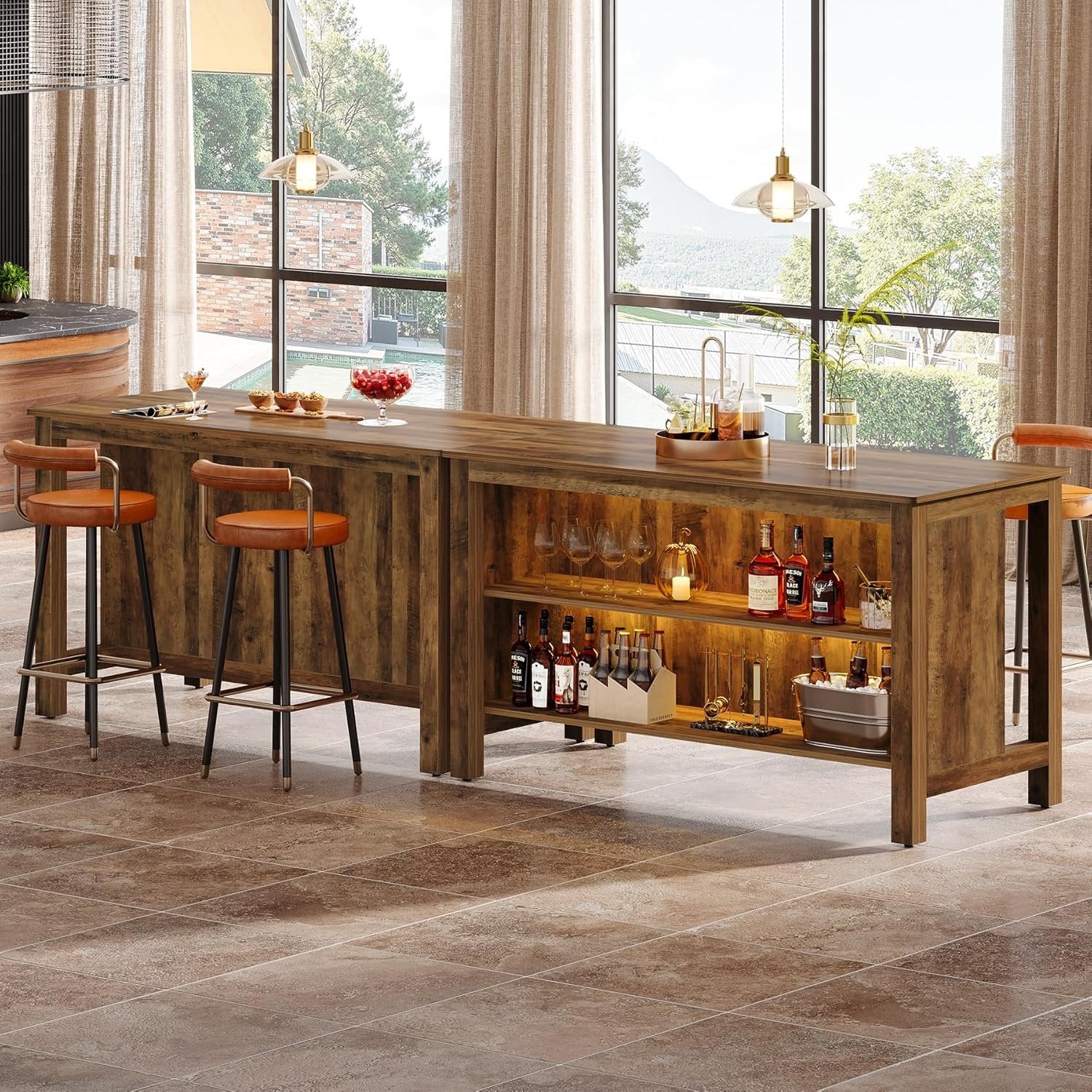 3-Tier Home Bar Table Unit, 59" Counter Height Pub Table with Storage Shelves