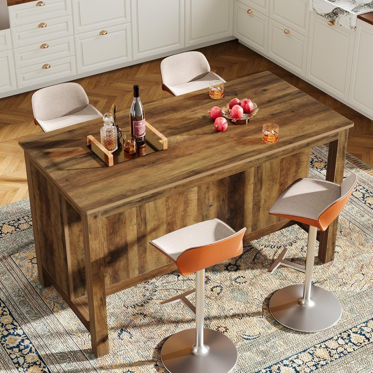 3-Tier Home Bar Table Unit, 59" Counter Height Pub Table with Storage Shelves