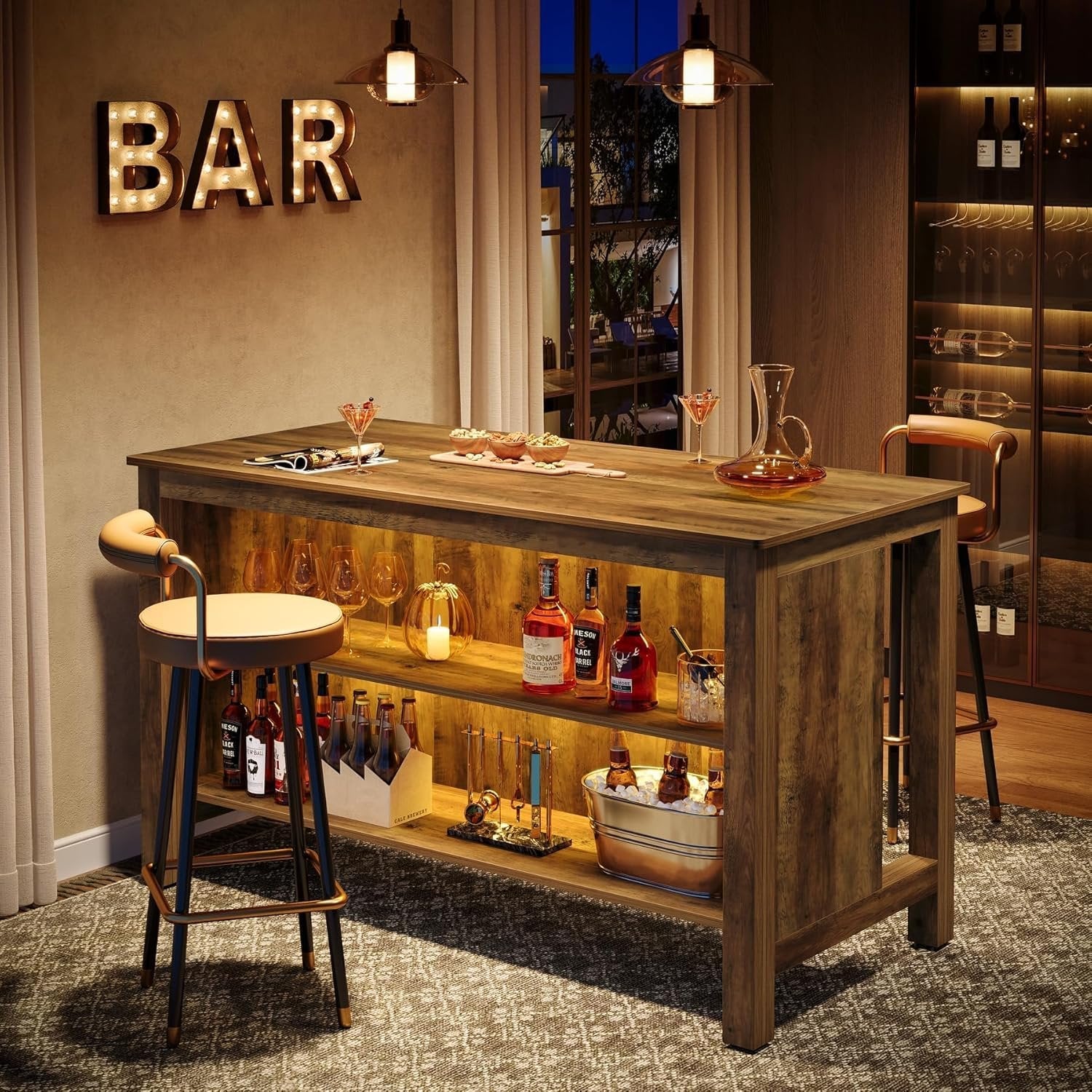 3-Tier Home Bar Table Unit, 59" Counter Height Pub Table with Storage Shelves
