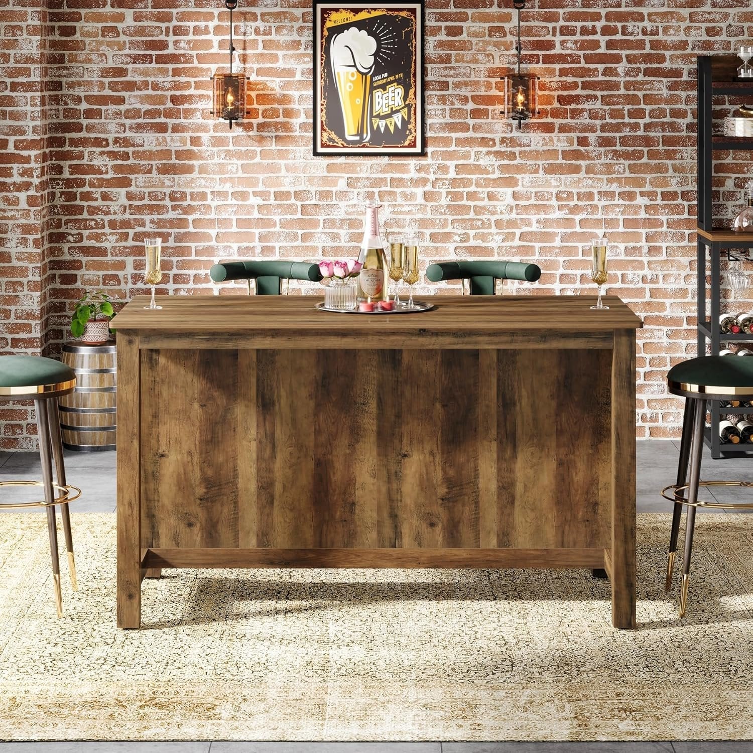 3-Tier Home Bar Table Unit, 59" Counter Height Pub Table with Storage Shelves