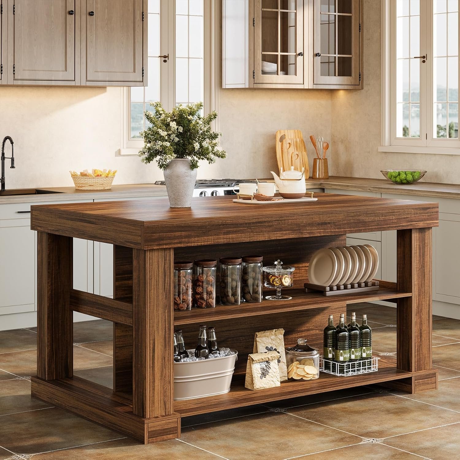 3-Tier Kitchen Island, 55" Width Kitchen Shelf with Large Worktop