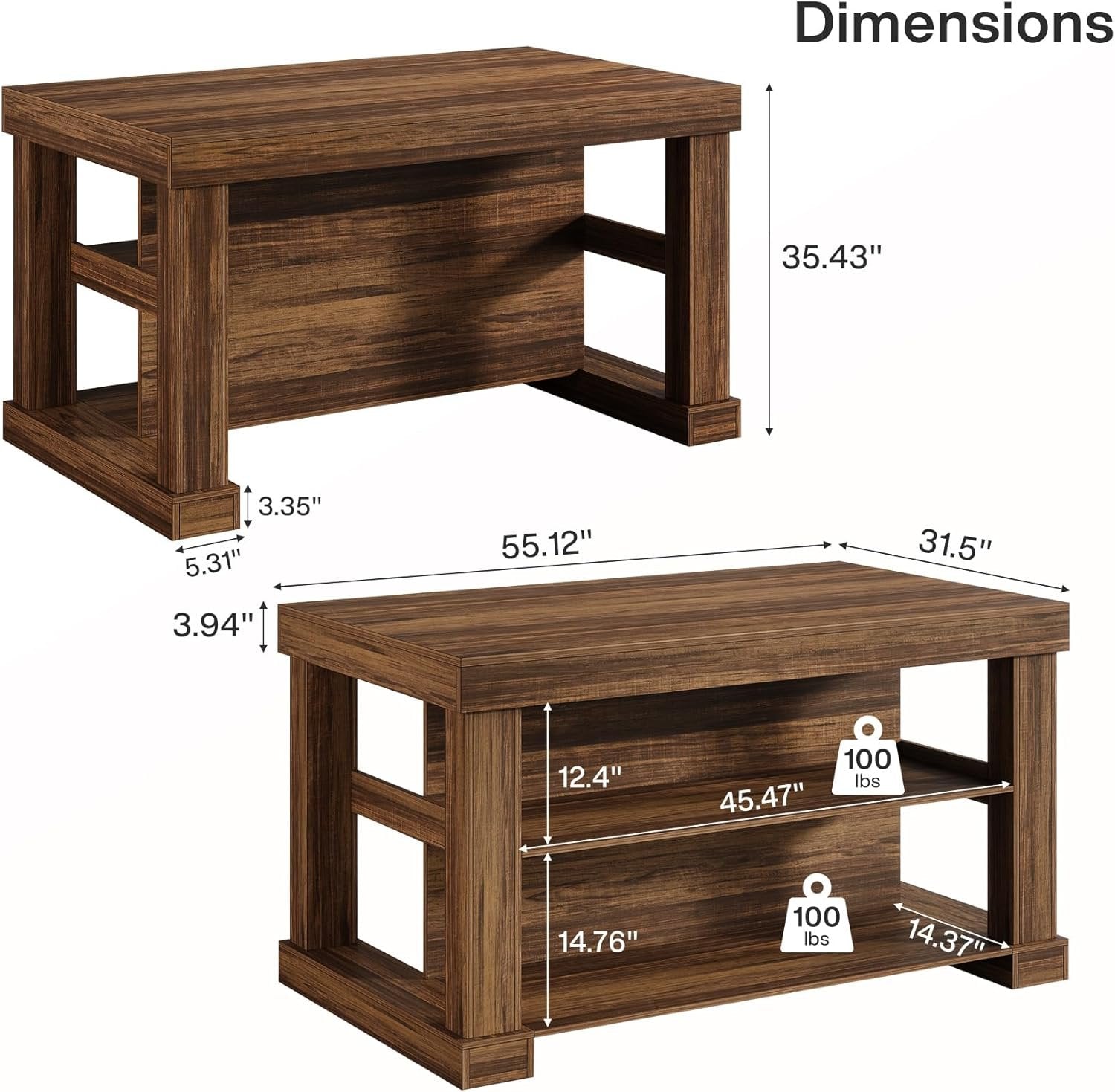 3-Tier Kitchen Island, 55" Width Kitchen Shelf with Large Worktop