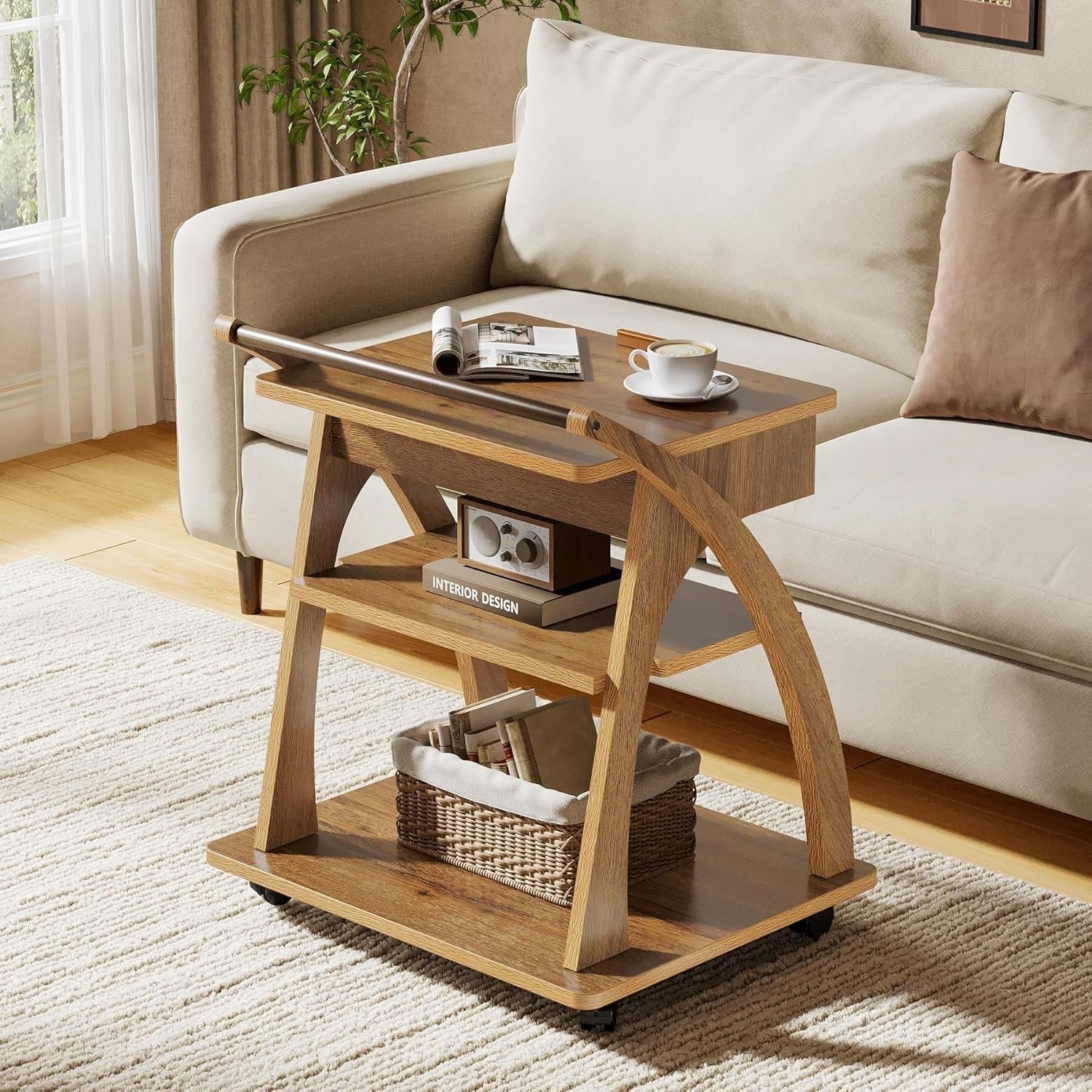 3-Tier Side Table, Rolling End Table for Couch with Adjustable Tabletop