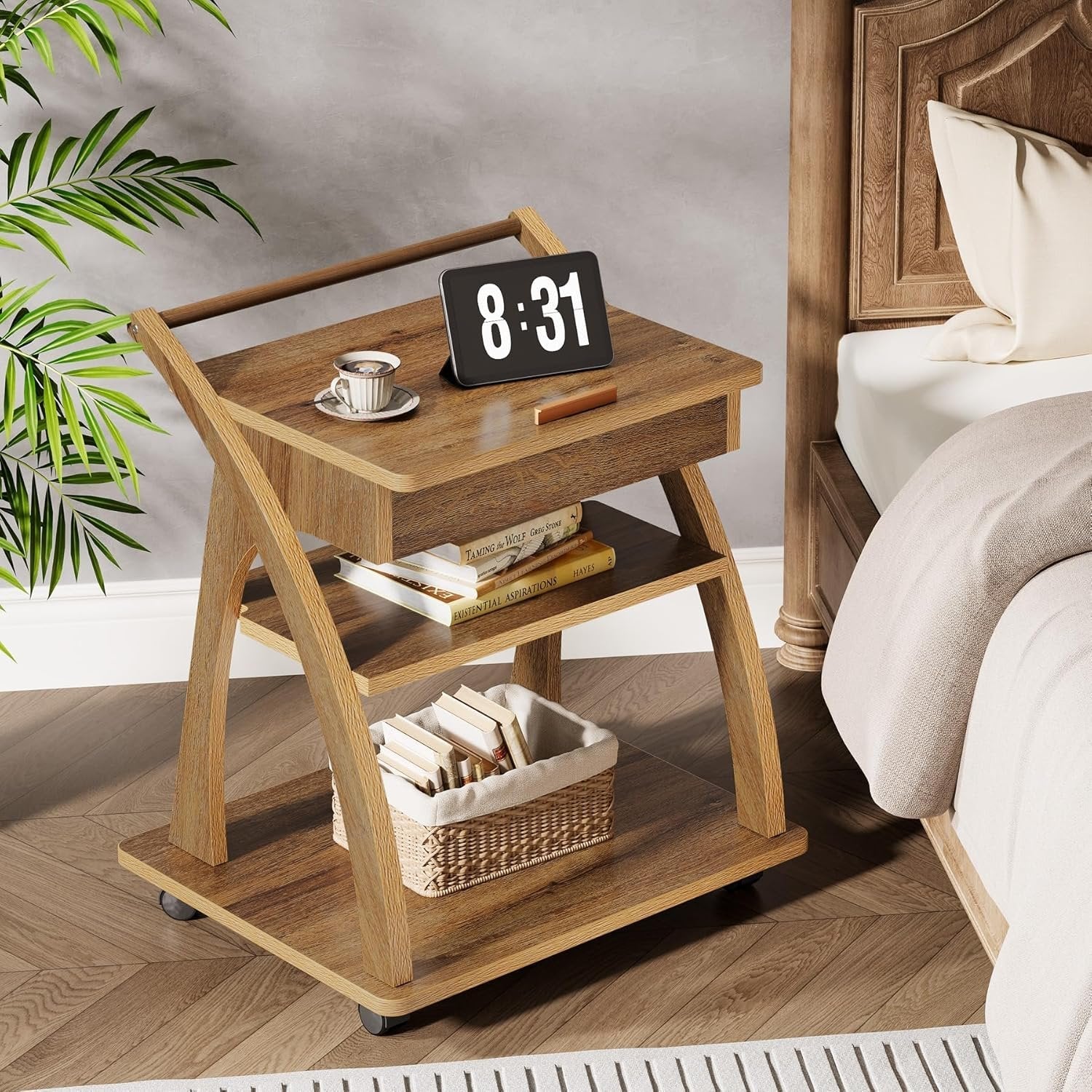 3-Tier Side Table, Rolling End Table for Couch with Adjustable Tabletop