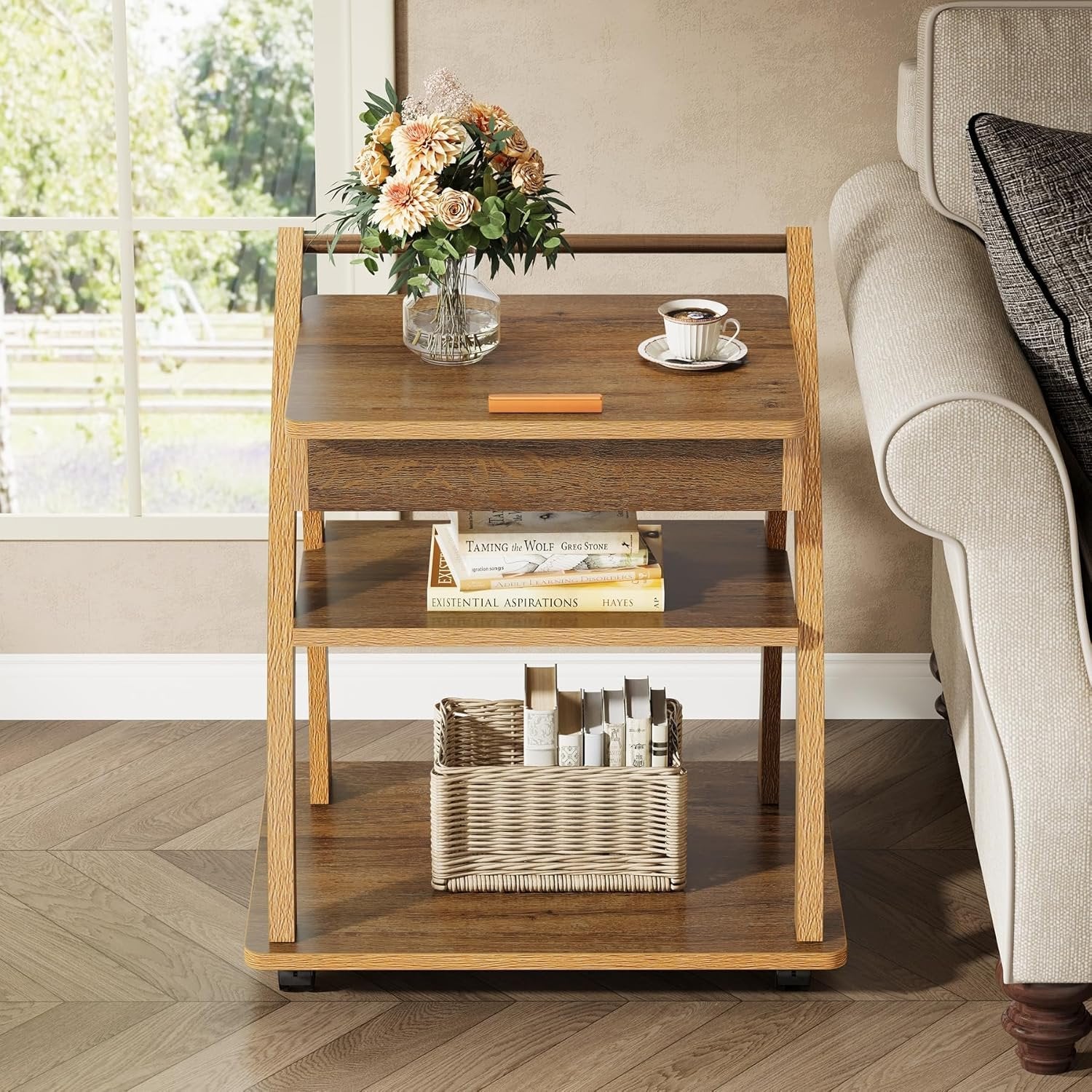 3-Tier Side Table, Rolling End Table for Couch with Adjustable Tabletop