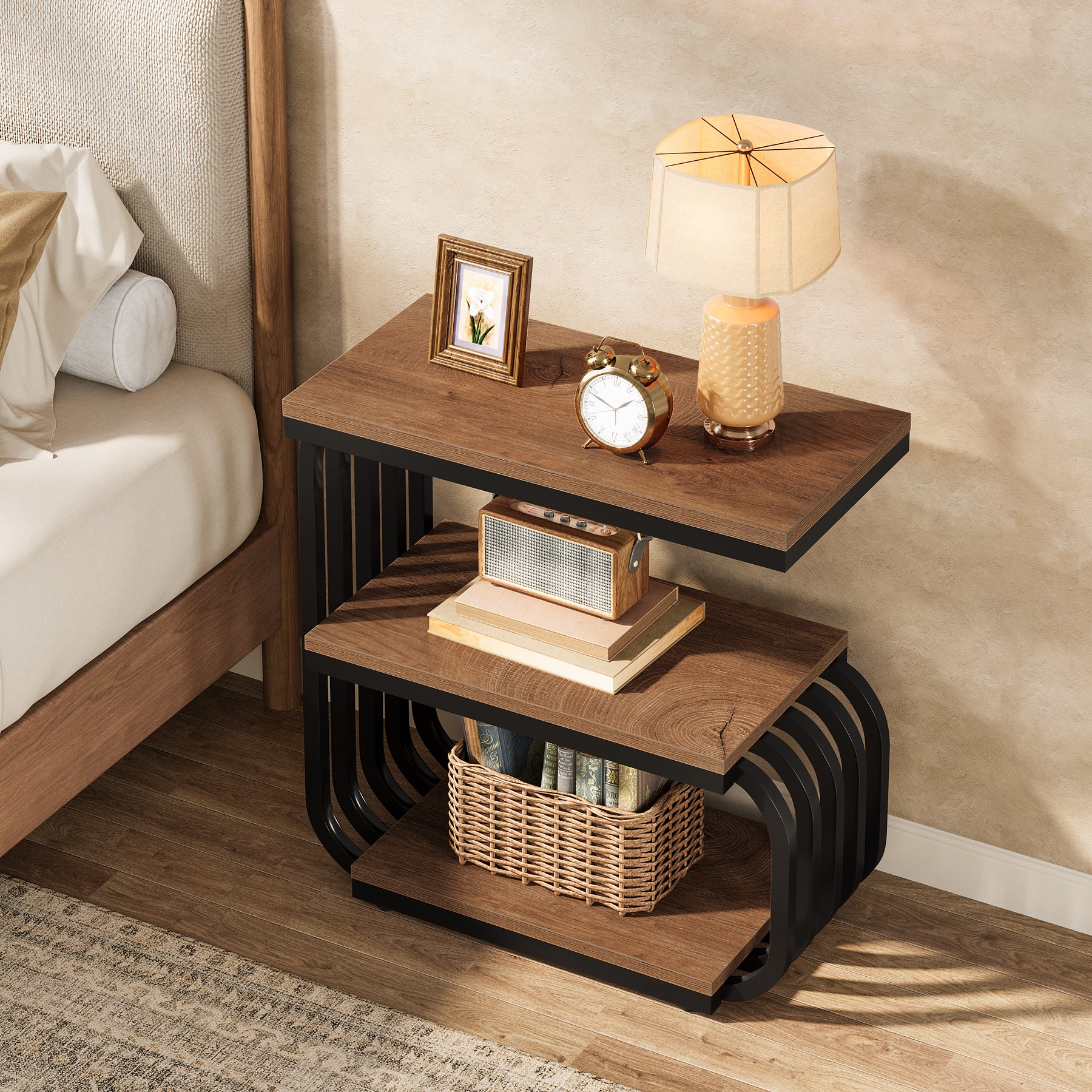 3-Tier Vintage Nightstand, Narrow Bedside Stand with Metal Frame