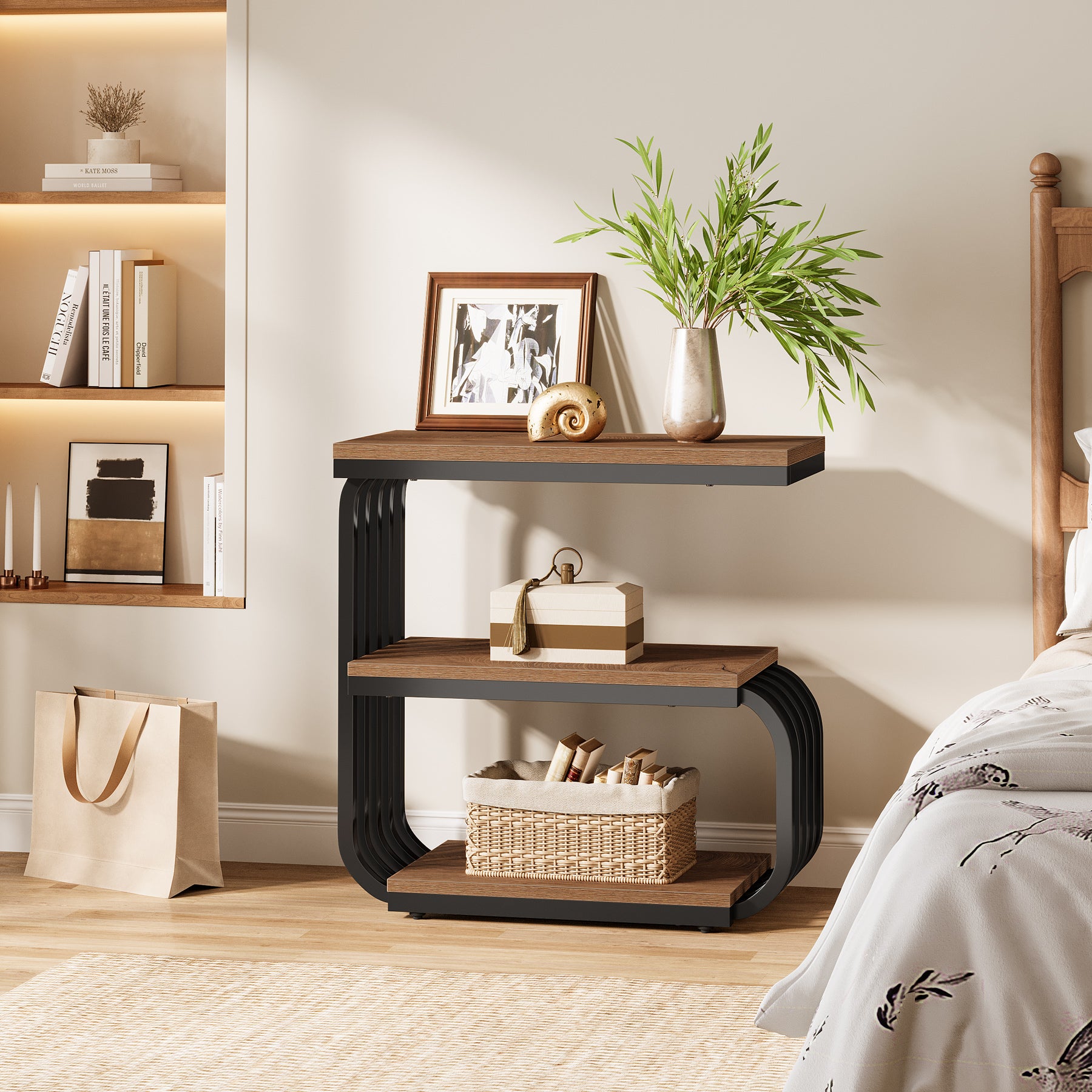3-Tier Vintage Nightstand, Narrow Bedside Stand with Metal Frame