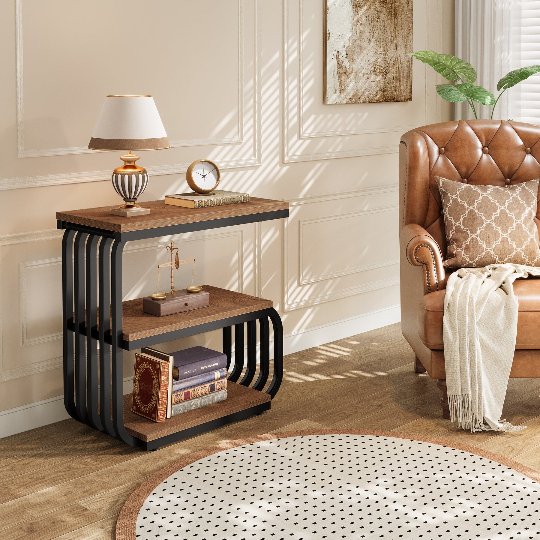 3-Tier Vintage Nightstand, Narrow Bedside Stand with Metal Frame