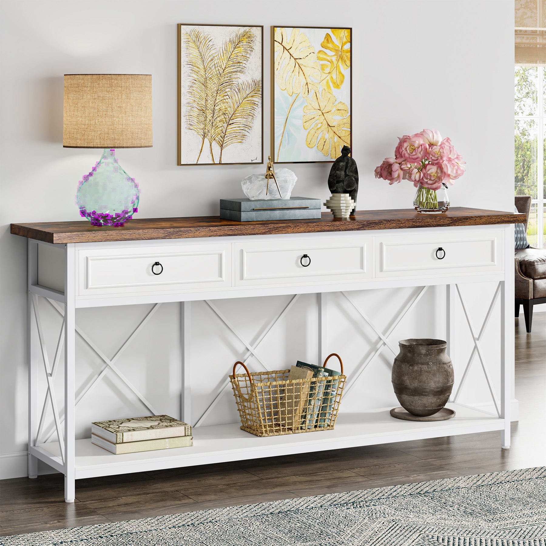 NEW 3 Tier Console Table with 2 Fabric Drawers & Storage Shelves, outlets Rustic Brown