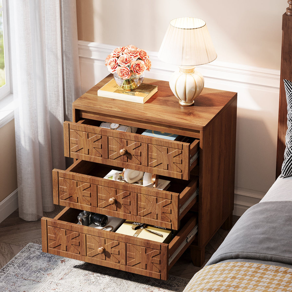 3-Drawer Nightstand, Farmhouse Bedside Table with Elegant Patterns ...