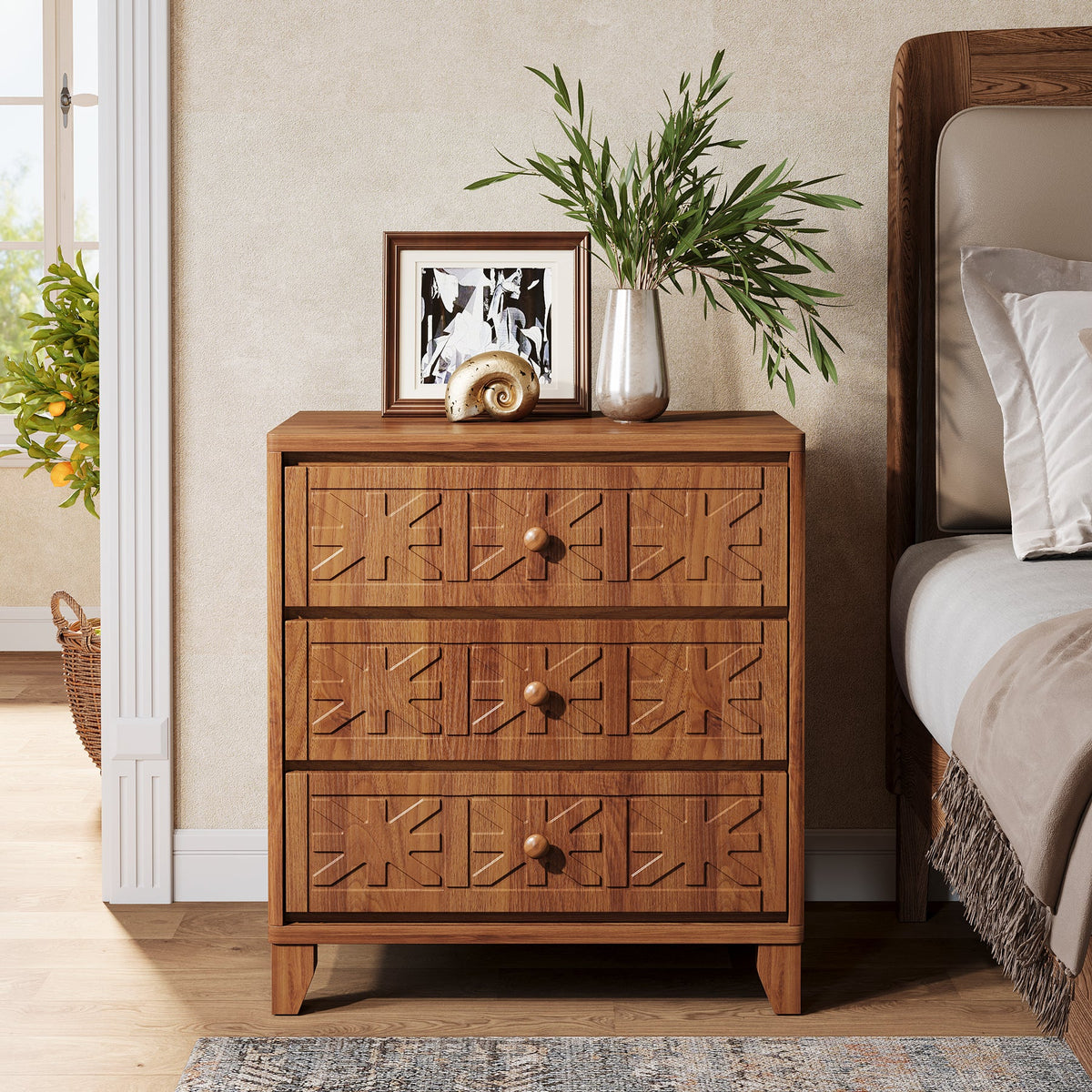 3-Drawer Nightstand, Farmhouse Bedside Table with Elegant Patterns ...