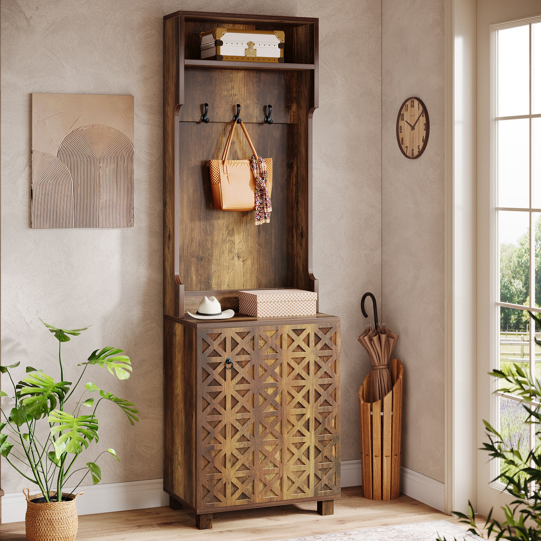 3-in-1 Hall Tree, Farmhouse Shoe Cabinet with Coat Rack