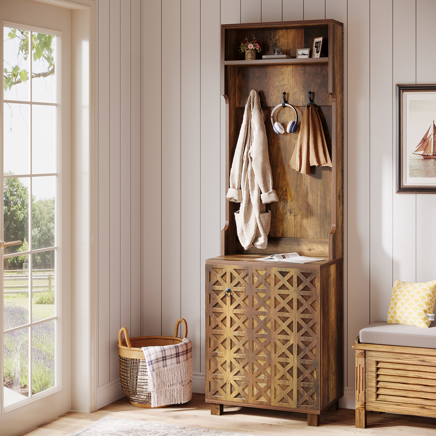 3-in-1 Hall Tree, Farmhouse Shoe Cabinet with Coat Rack