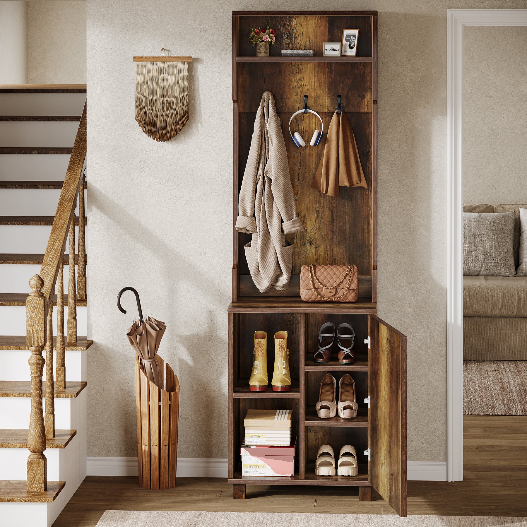 3-in-1 Hall Tree, Farmhouse Shoe Cabinet with Coat Rack