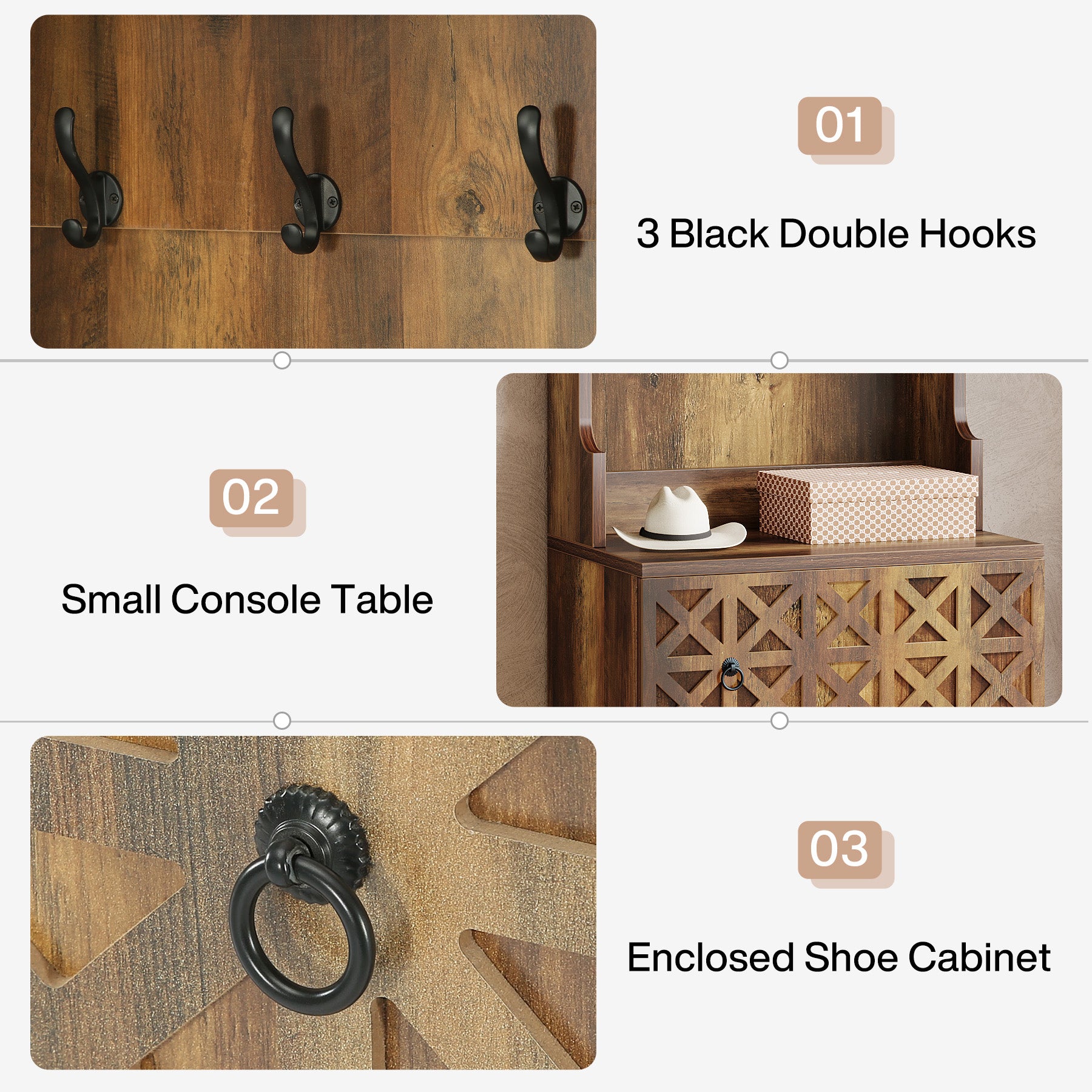 3-in-1 Hall Tree, Farmhouse Shoe Cabinet with Coat Rack