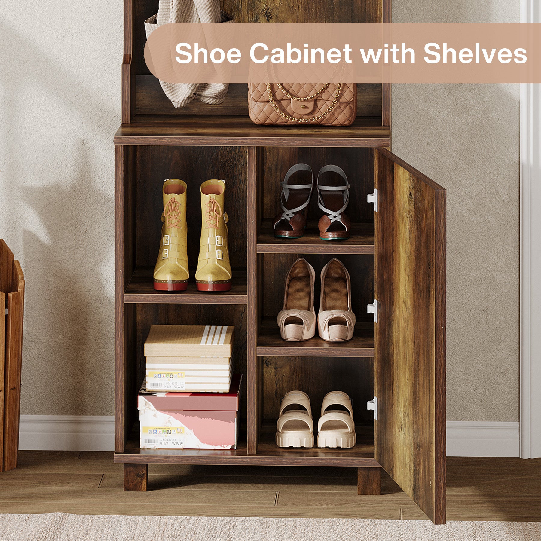 3-in-1 Hall Tree, Farmhouse Shoe Cabinet with Coat Rack