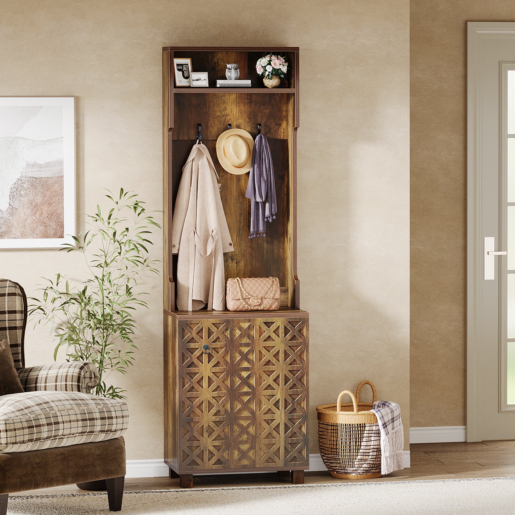 3-in-1 Hall Tree, Farmhouse Shoe Cabinet with Coat Rack