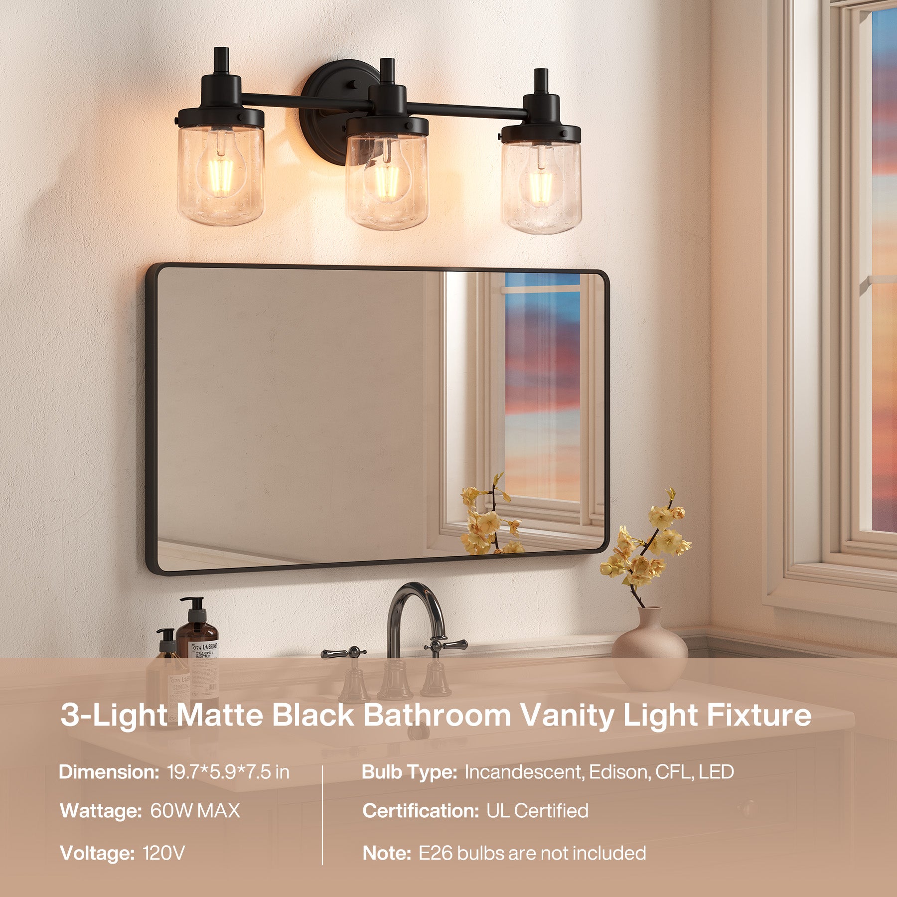 3-light Vanity Light, Bathroom Wall Lighting With Seeded Glass Shades