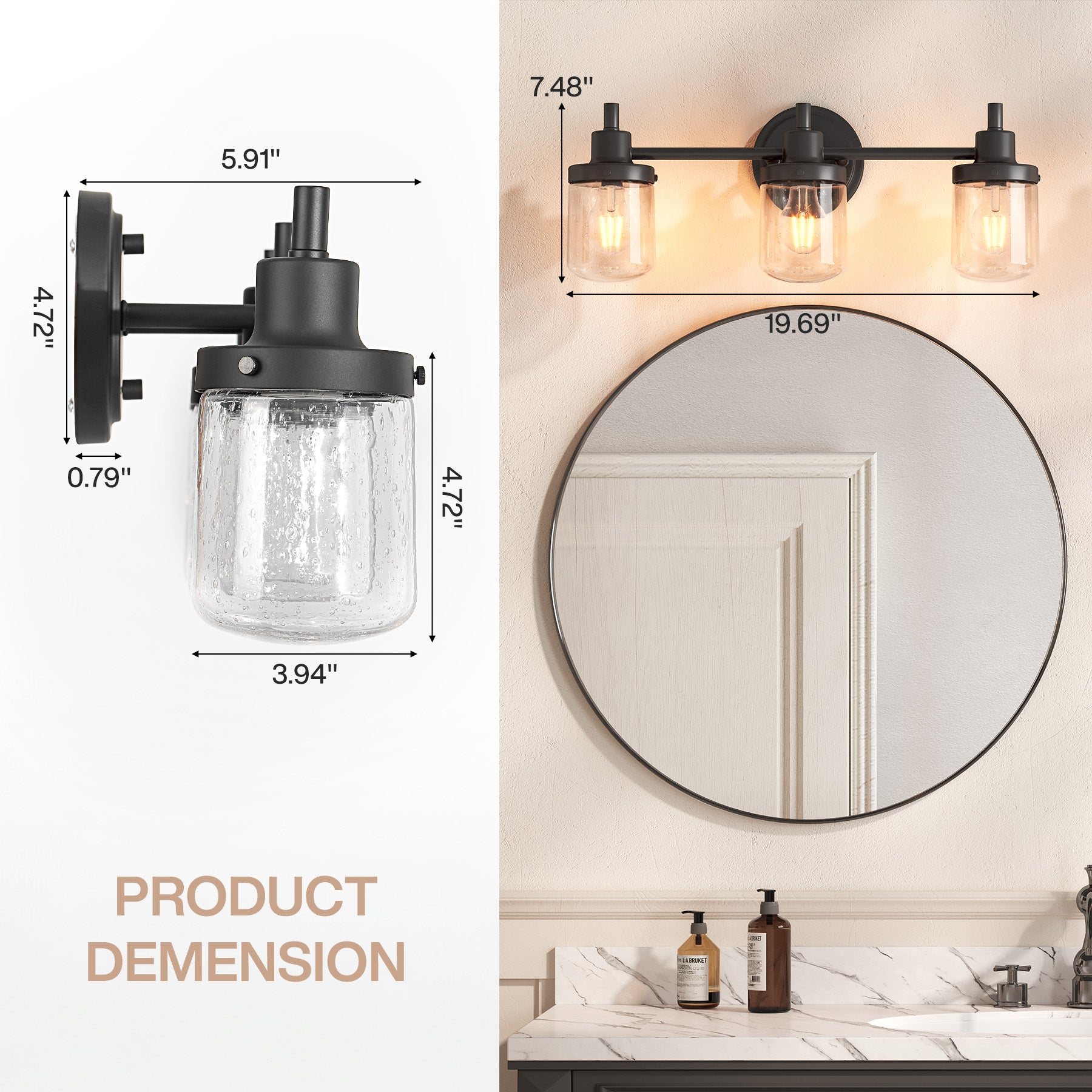 3-light Vanity Light, Bathroom Wall Lighting With Seeded Glass Shades