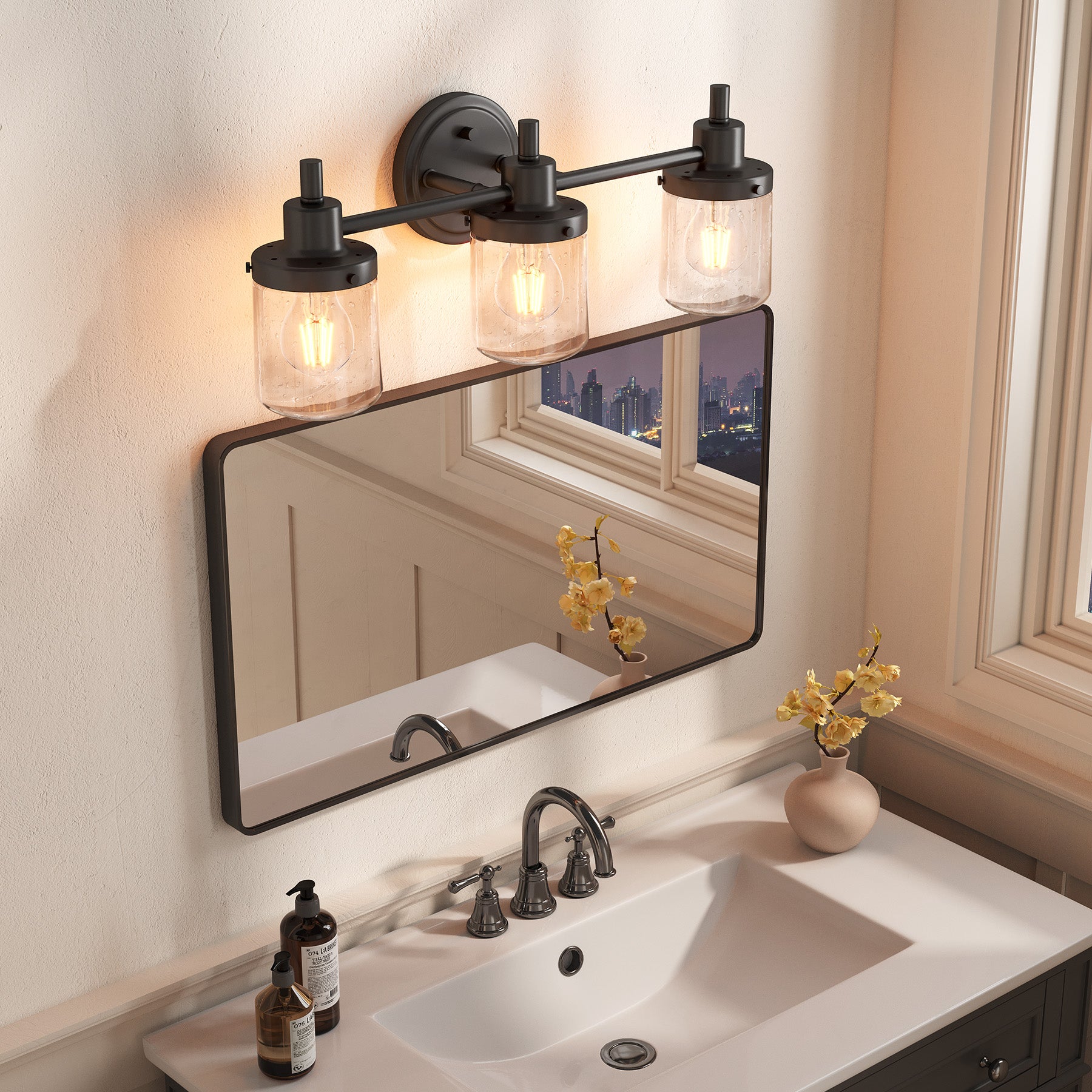 3-light Vanity Light, Bathroom Wall Lighting With Seeded Glass Shades