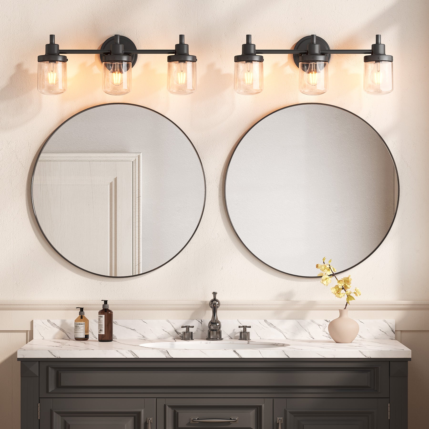3-light Vanity Light, Bathroom Wall Lighting With Seeded Glass Shades