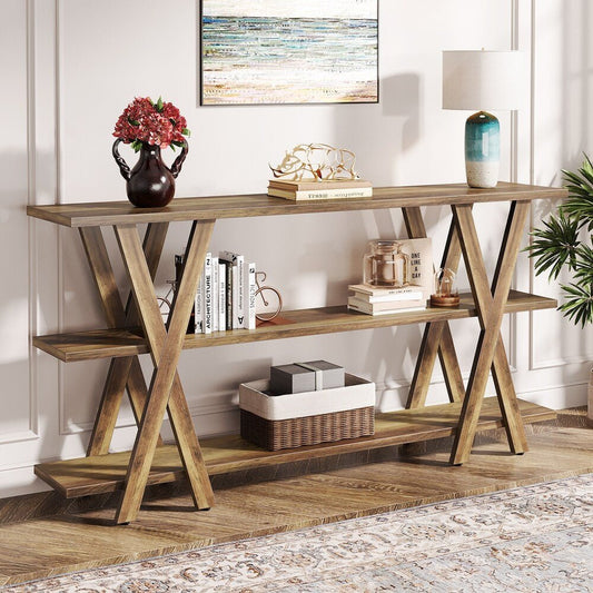 3 - Tier Console Table, Farmhouse Hallway Table with Storage Shelves Tribesigns