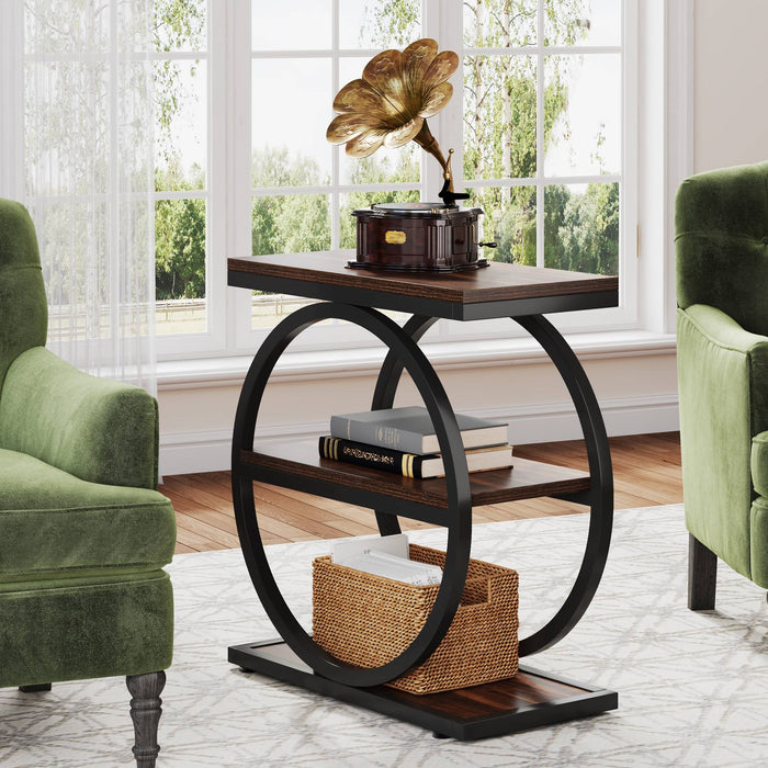 3 - Tier End Table, Industrial Sofa Side Table with Round Metal Frame Tribesigns