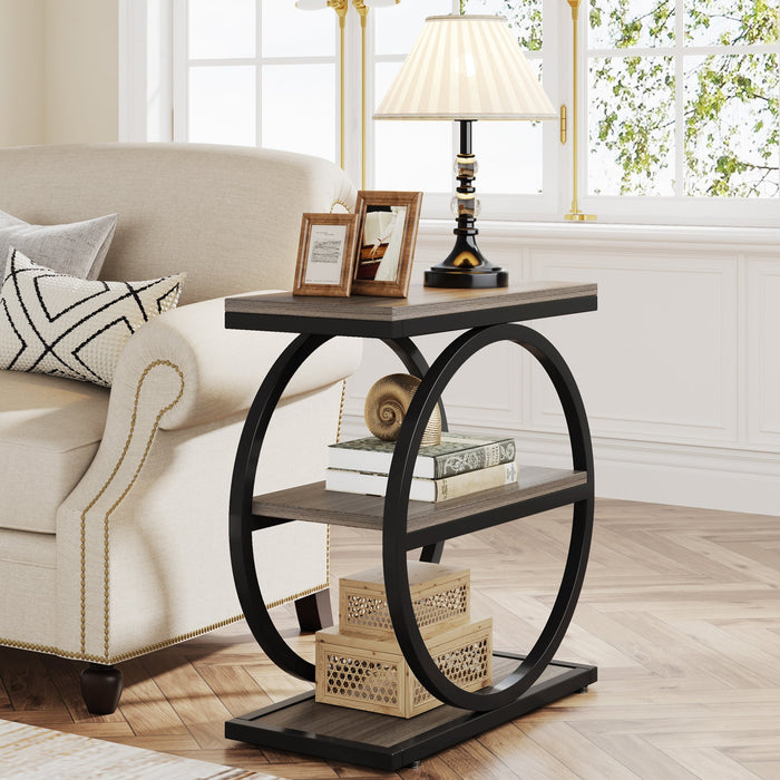 3 - Tier End Table, Industrial Sofa Side Table with Round Metal Frame Tribesigns