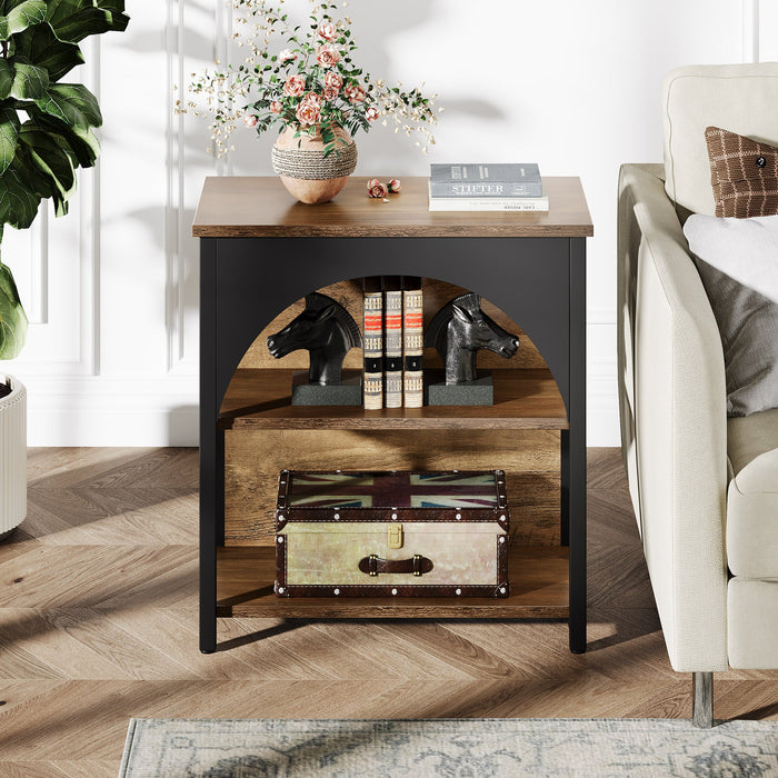 3 - Tier End Table, Wood Side Table Nightstand with Geometric Frame Tribesigns