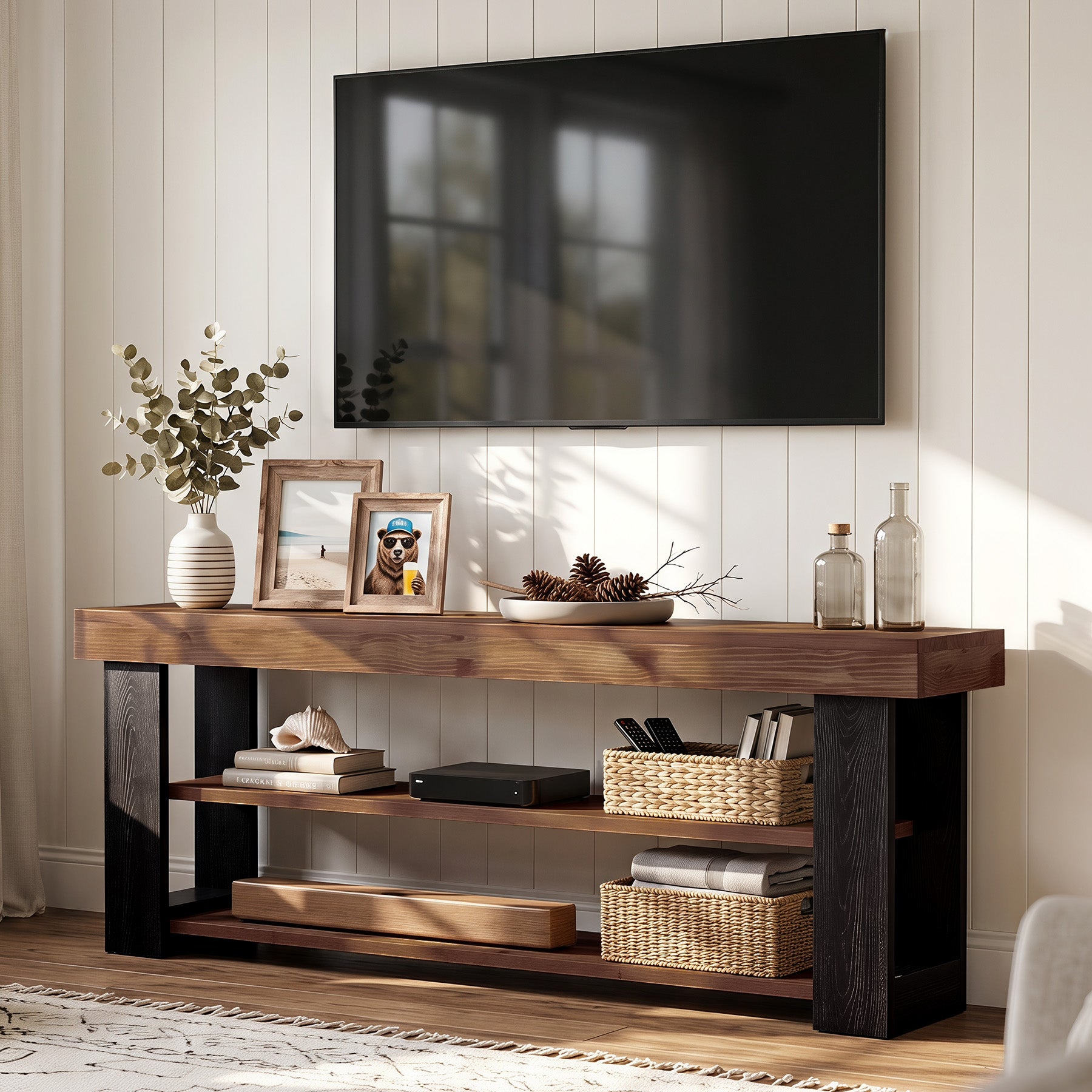 63" TV Stand for 65/70" TVs, Farmhouse Solid Wood Media Console, Entertainment Center